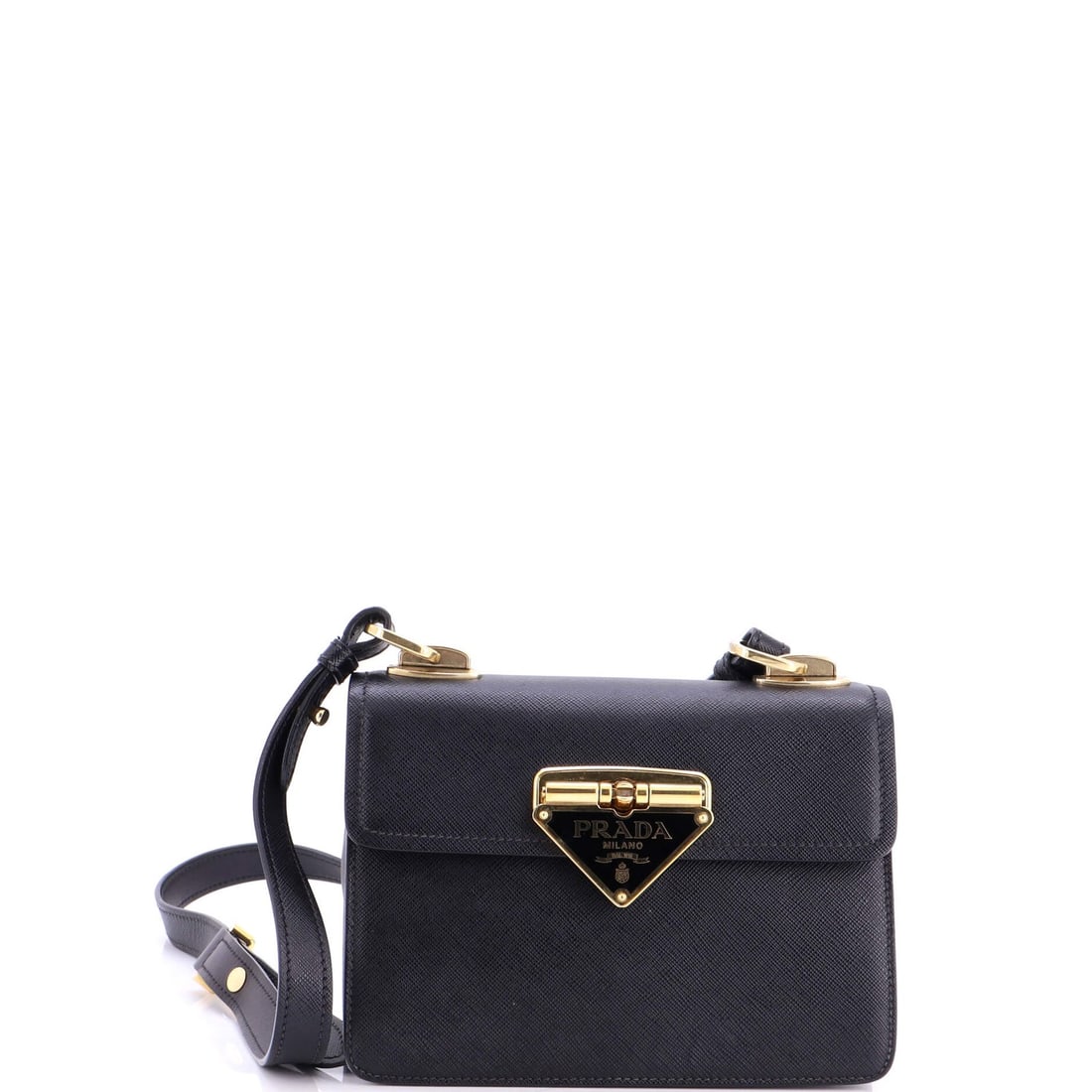 Saffiano leather flip bag small shoulder lock Prada: Saffiano leather flip bag small shoulder lock Prada Small Saffiano leather shoulder bag with flip lock closure, featuring gold hardware and black interior. Measuring 6" tall, 8" wide, and 2" deep, it 