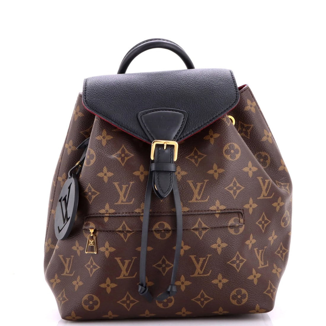 Canvas leather monogram backpack NM with Louis Vuitton: Canvas leather monogram backpack NM with Louis Vuitton Canvas leather monogram backpack with classic Louis Vuitton design, featuring black canvas coated leather exterior and burgundy interior. The Mon