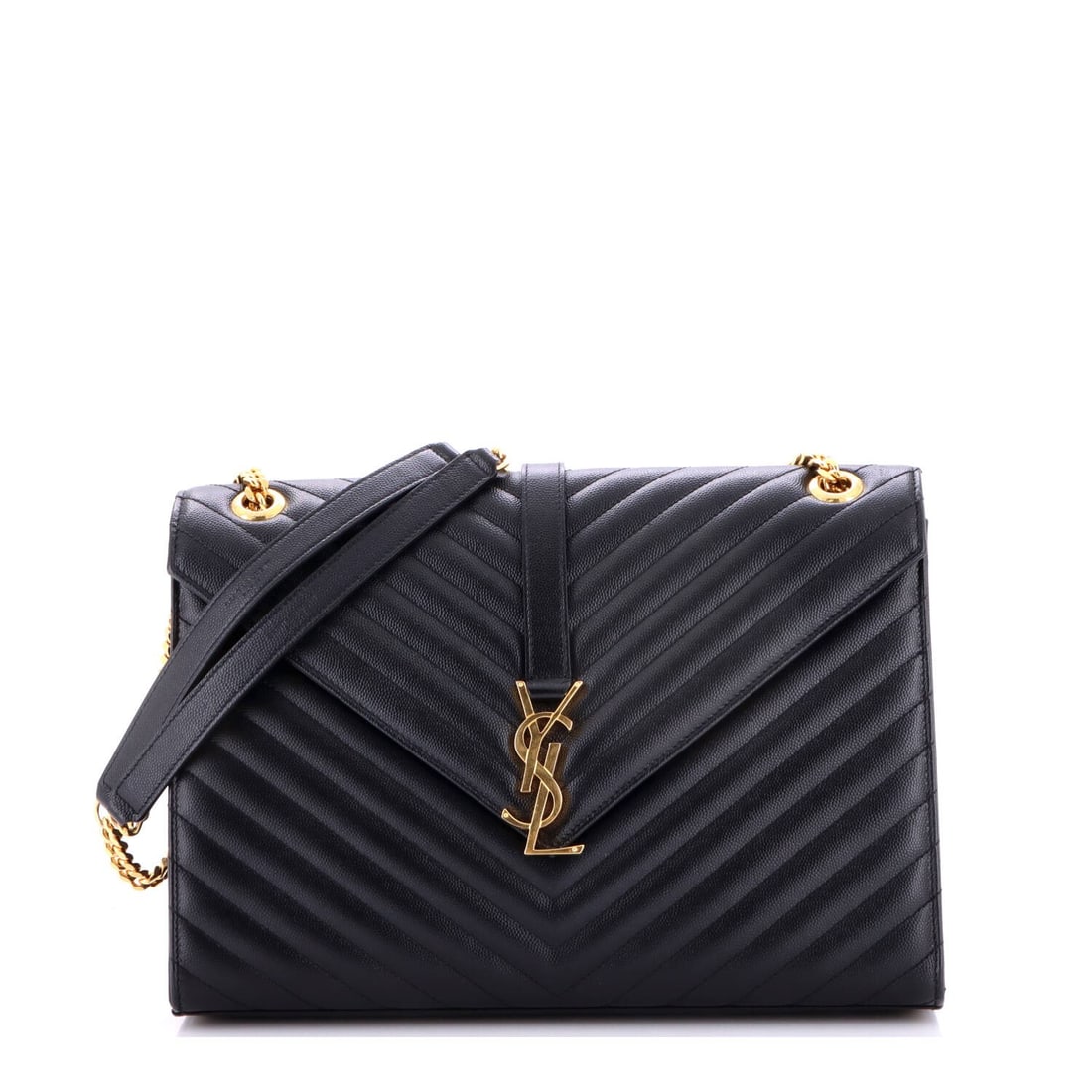 Matelasse Chevron Leather Satchel Envelope Classic Large Saint Laurent Monogram: Matelasse Chevron Leather Satchel Envelope Classic Large Saint Laurent Monogram Large Saint Laurent Monogram Matelasse Chevron Leather Classic Envelope Satchel in Black features a striking exterior