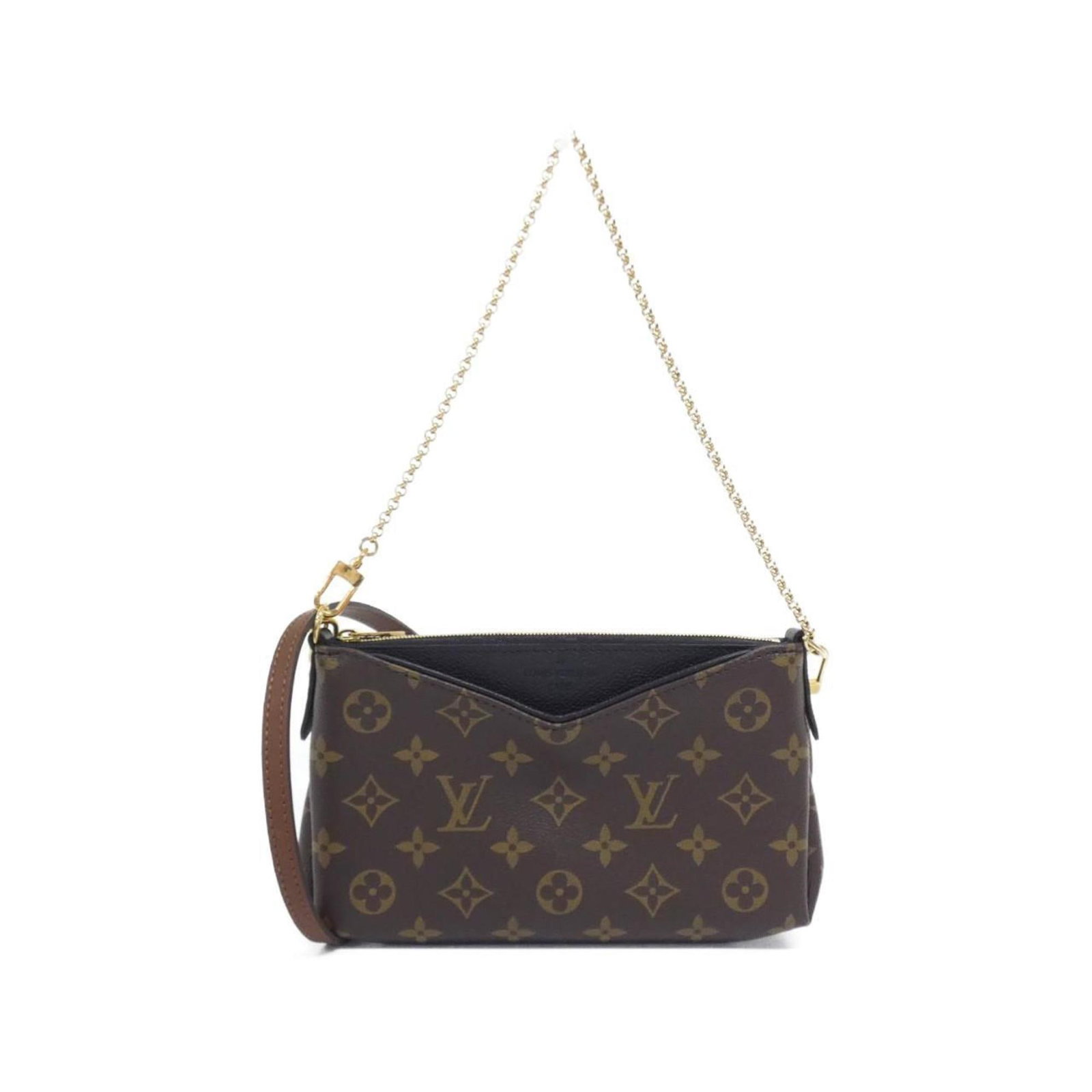 Shoulder bag coated canvas by Louis Vuitton: Shoulder bag coated canvas by Louis Vuitton Coated canvas by Louis Vuitton, this black shoulder bag features the iconic monogram pattern and gold hardware. With its spacious interior and adjustable