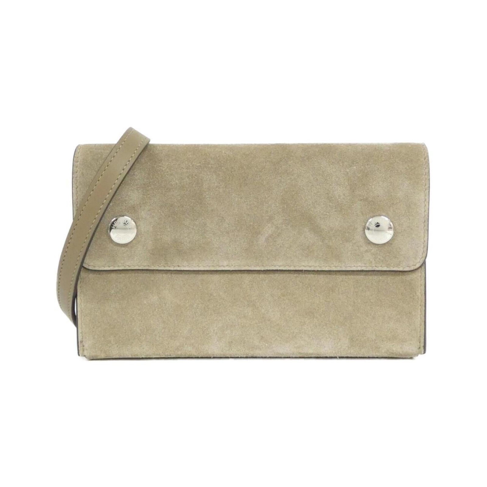 Swift leather chain shoulder wallet: Swift leather chain shoulder wallet Swift leather chain shoulder wallet in beige and Etoupe gray, featuring a sleek design with a compact size of 11.5cm x 8.5cm x 4cm. The swift leather material