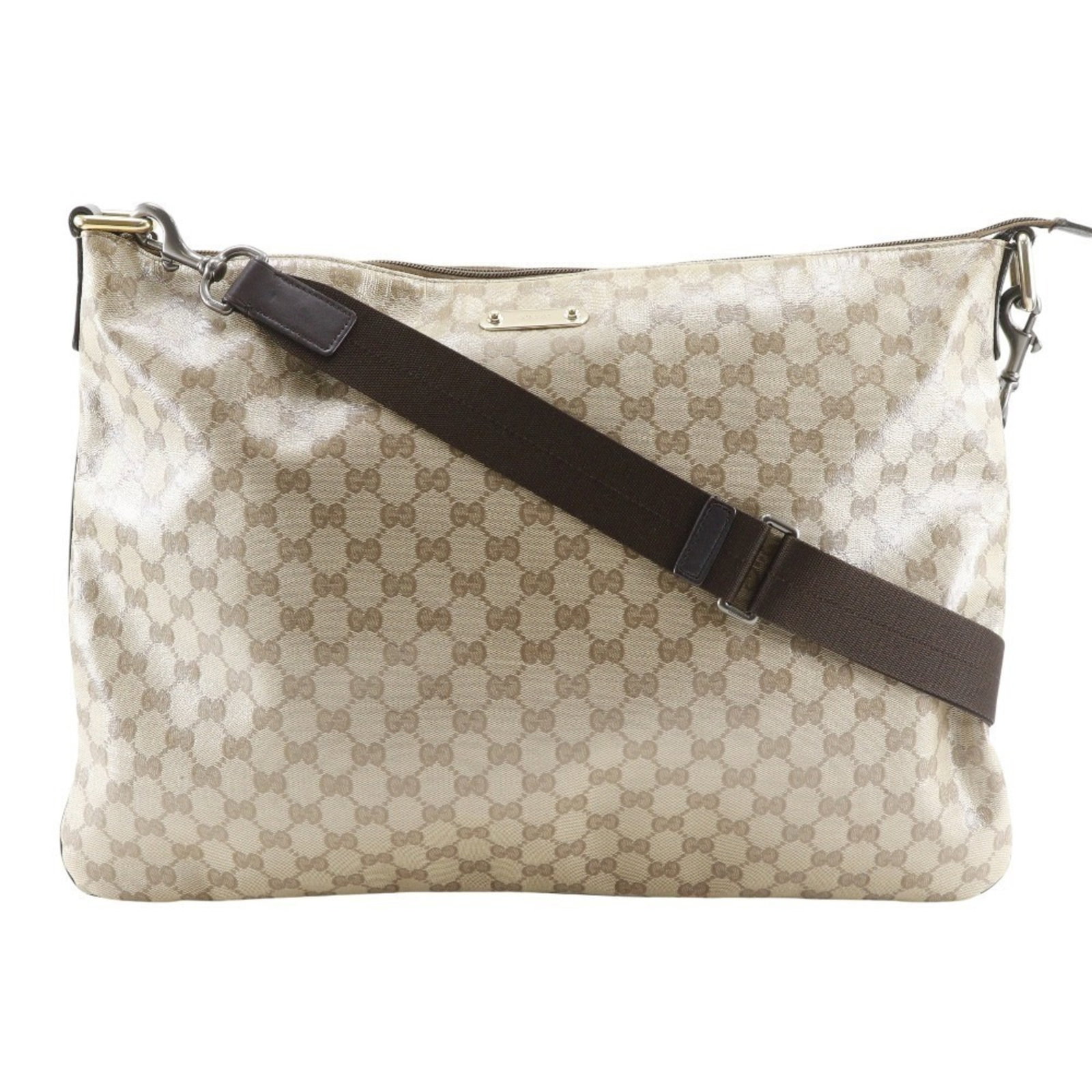 Shoulder Bag Pvc Gucci: Shoulder Bag Pvc Gucci PVC Gucci shoulder bag with GG Crystal design, featuring a beige color and sturdy construction. Measuring 34cm x 47cm x 3cm, it has a comfortable strap drop of 70cm. Weighing