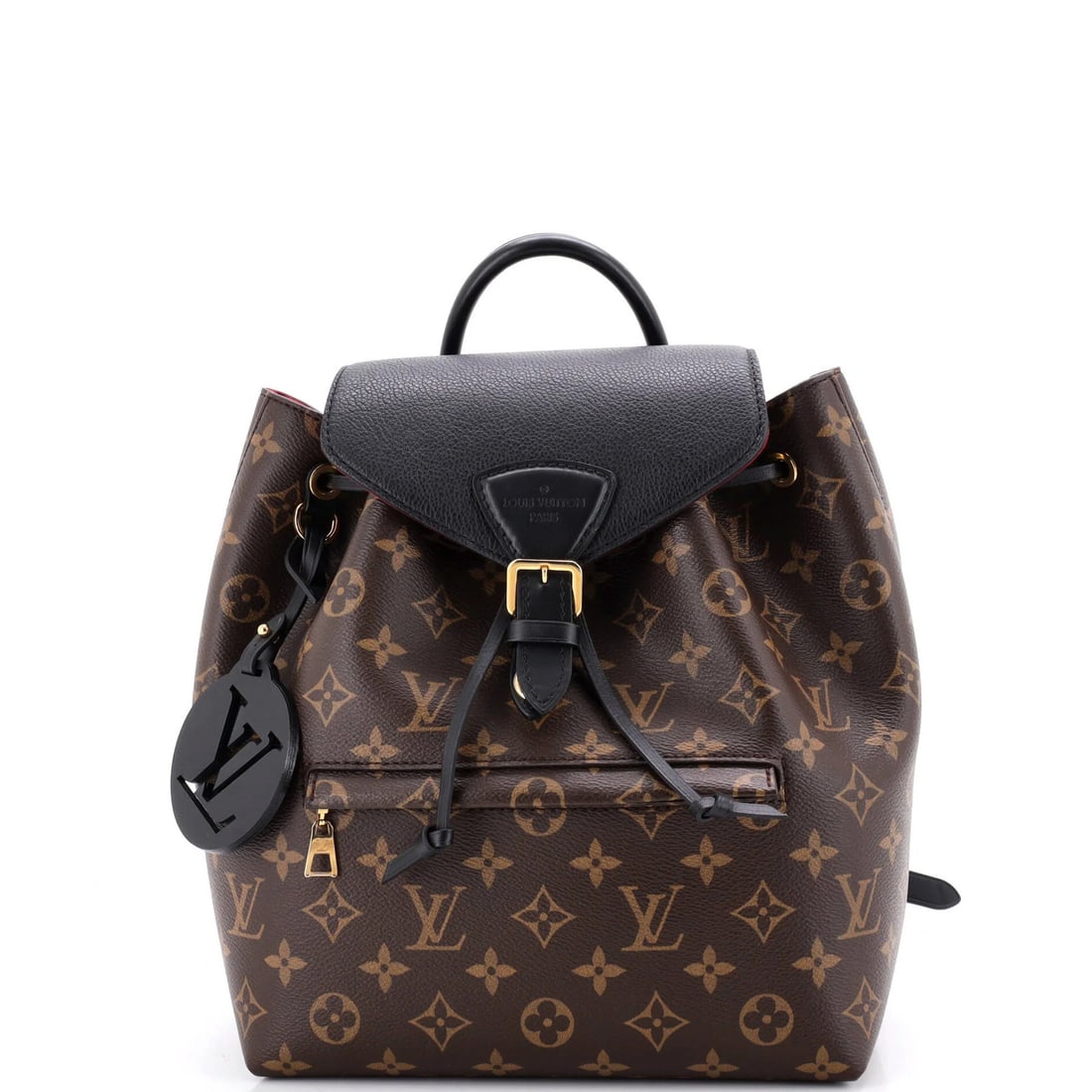 Canvas leather monogram backpack NM with Louis Vuitton: Canvas leather monogram backpack NM with Louis Vuitton Canvas leather monogram backpack with classic Louis Vuitton design, featuring black canvas coated leather exterior and burgundy interior. The Mon