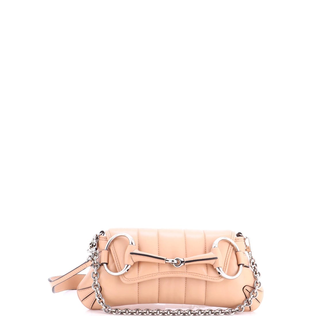 Gucci Horsebit Chain Shoulder Bag Vertical Quilted Leather Small: Gucci Horsebit Chain Shoulder Bag Vertical Quilted Leather Small Small Gucci Horsebit Chain Shoulder Bag with Neutral Exterior and Satin Interior, featuring Vertical Quilted Leather and Silver
