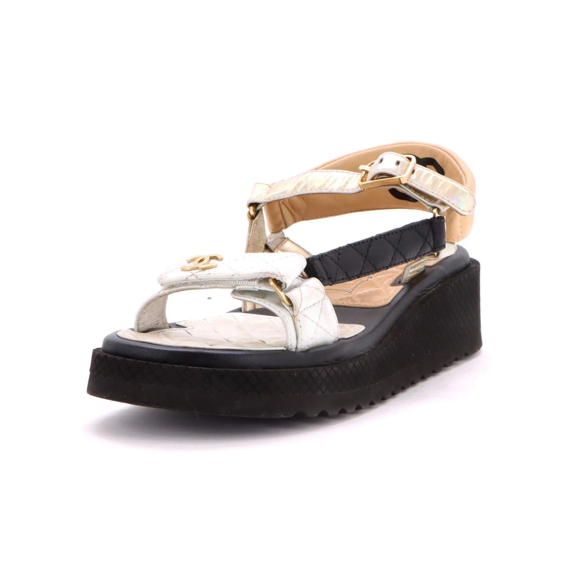 Chanel Women's CC Logo Strappy Slingback Quilted Leather Sandals Platform: Chanel Women's CC Logo Strappy Slingback Quilted Leather Sandals Platform Strap on the glamour with these metallic quilted leather sandals from Chanel, featuring a striking CC logo and strappy slingba