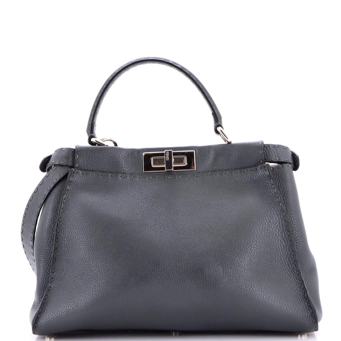 Fendi Selleria Peekaboo Bag Leather Medium: Fendi Selleria Peekaboo Bag Leather Medium The Fendi Selleria Peekaboo Bag Leather Medium boasts sleek, gray leather exterior with subtle creases and minor corner wear. This medium-sized satchel