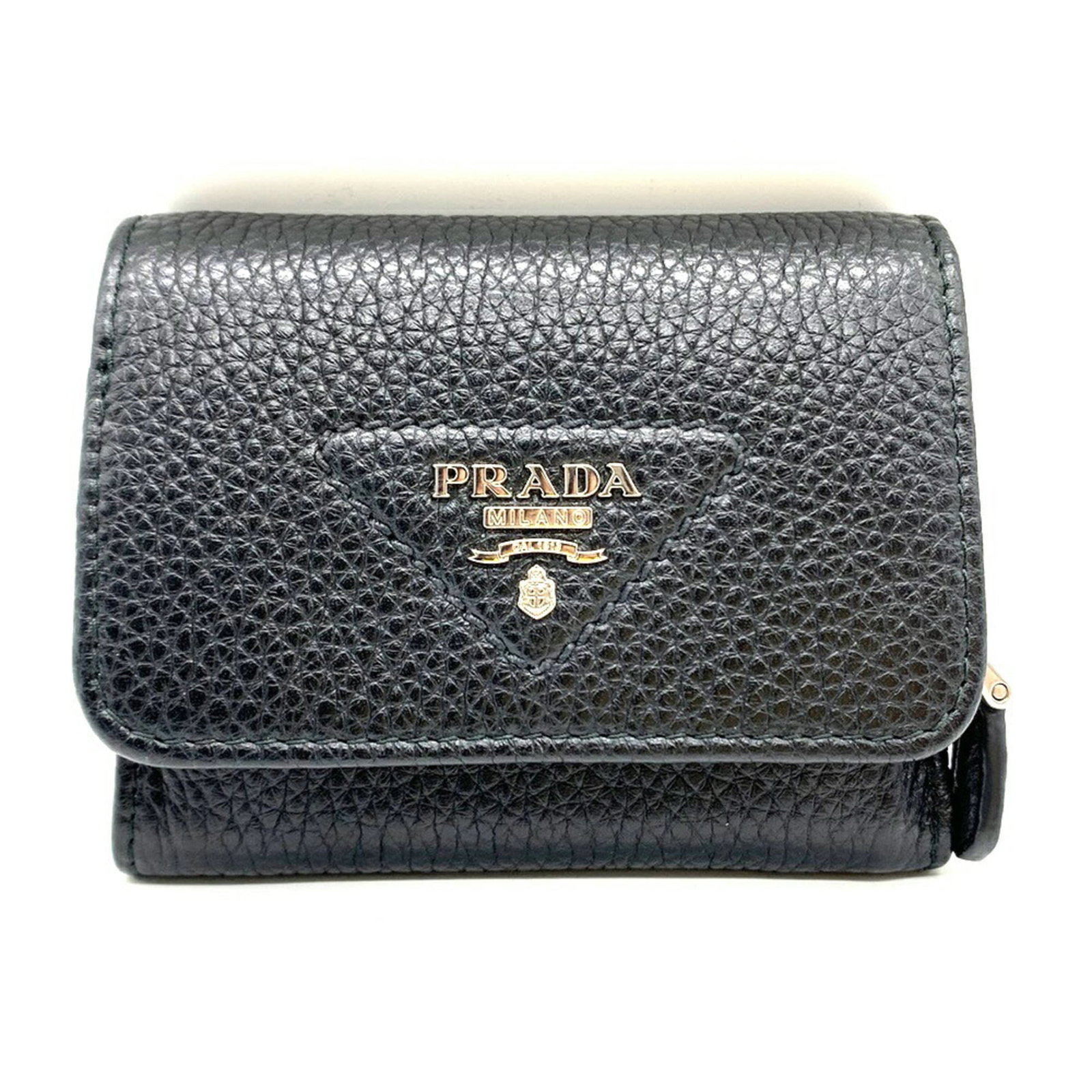 Prada Wallet (Tri-Fold) Leather: Prada Wallet (Tri-Fold) Leather Tri-fold leather wallet from Prada, featuring a sleek black design with precise measurements at 10cm x 8cm x 2cm. Includes original box for added convenience. A stylish