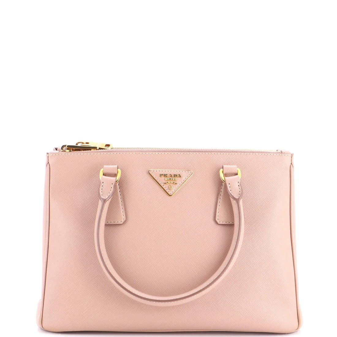 Prada Galleria Double Zip Tote Saffiano Leather Medium: Prada Galleria Double Zip Tote Saffiano Leather Medium The Prada Galleria Double Zip Tote Saffiano Leather Medium boasts a neutral exterior with minor scuffs, creases, and corner wear, showcasing its