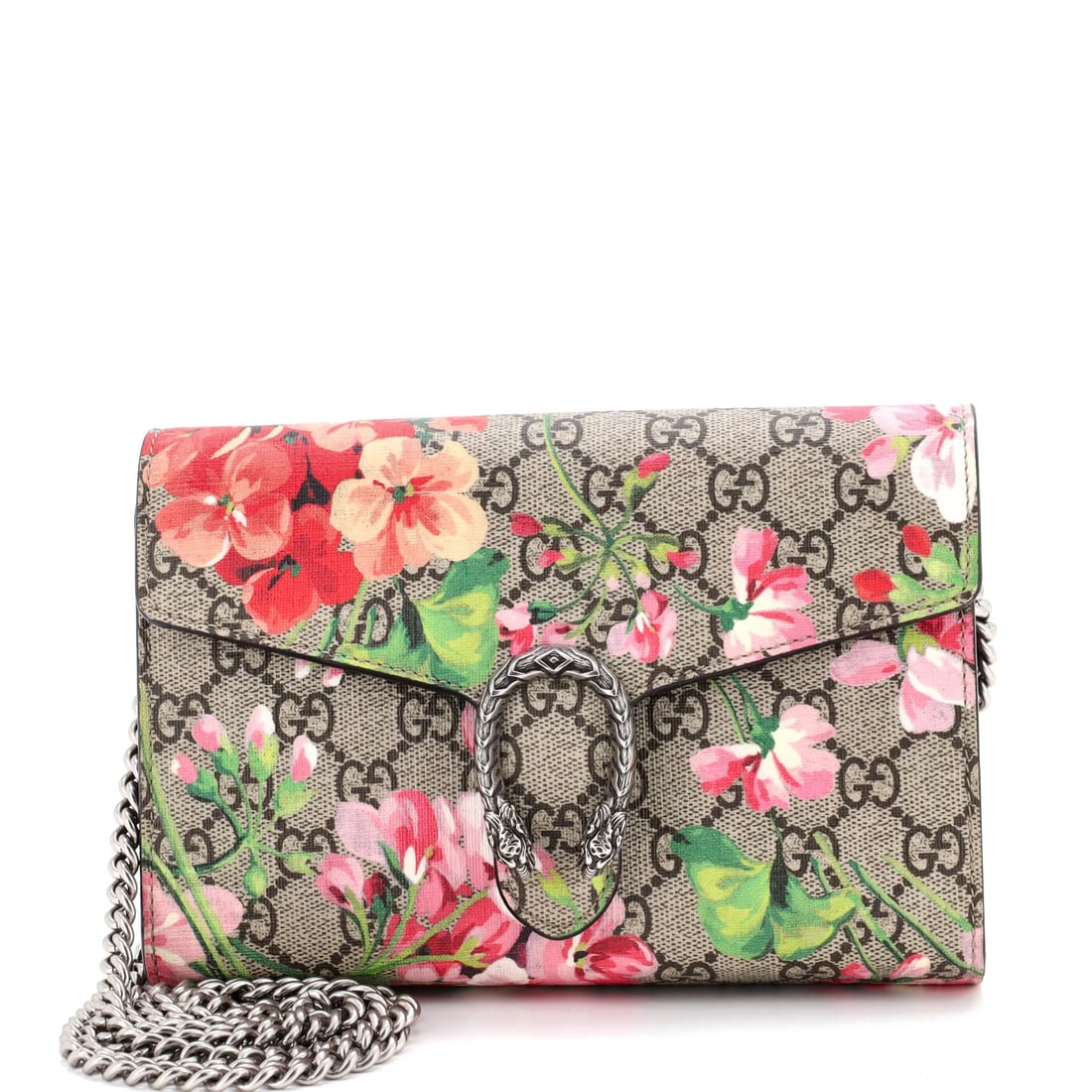 Dionysus Chain Wallet Blooms Print Coated Canvas Gucci Small GG: Dionysus Chain Wallet Blooms Print Coated Canvas Gucci Small GG Canvas Coated Leather Dionysus Chain Wallet Blooms Print Small GG Bag. This Gucci small cross body bag features a blooming print in