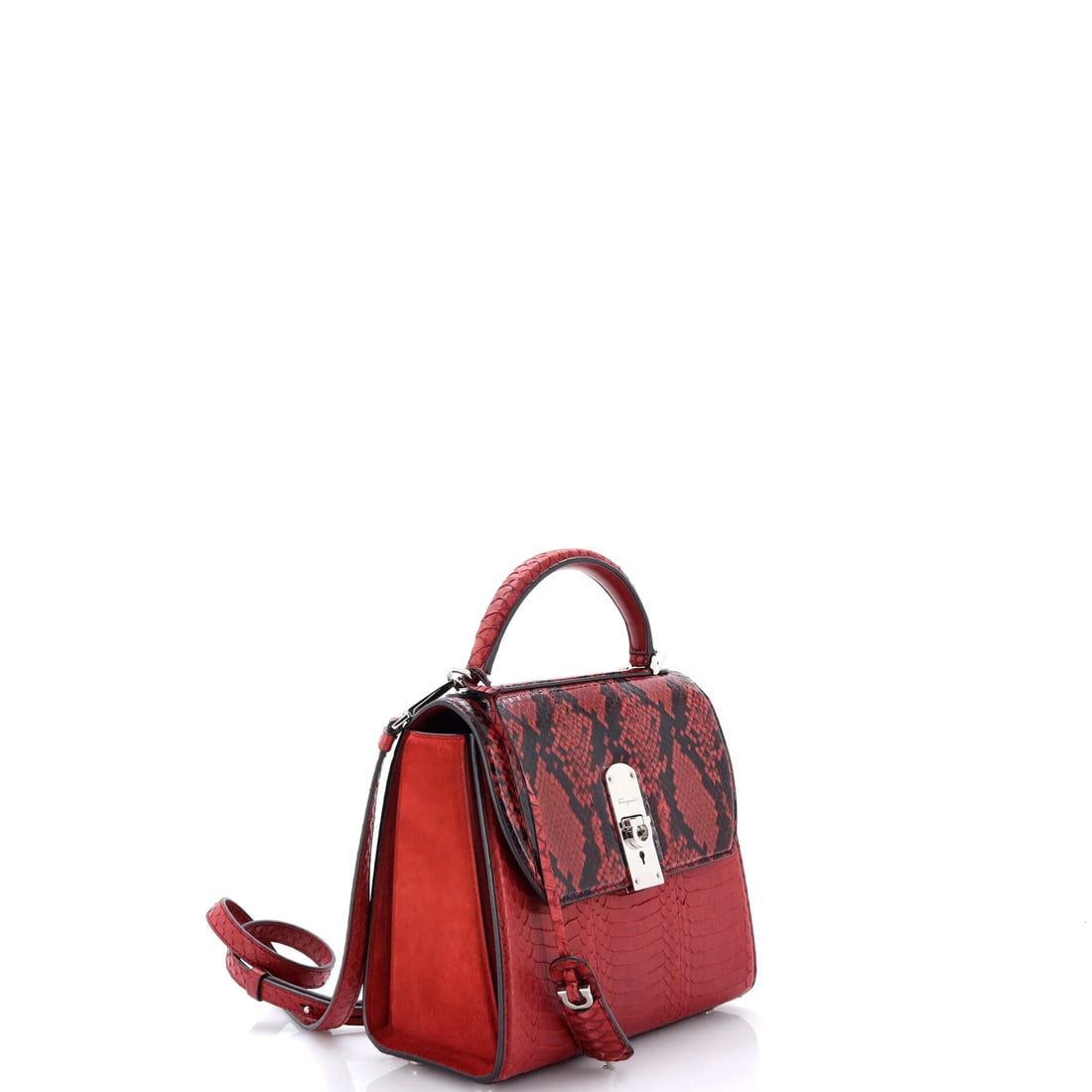 Salvatore Ferragamo Boxyz Top Handle Bag Snakeskin Medium: Salvatore Ferragamo Boxyz Top Handle Bag Snakeskin Medium Snakeskin exterior in vibrant red adds a pop of color to this luxurious Boxyz Top Handle Bag from Salvatore Ferragamo. With its medium size