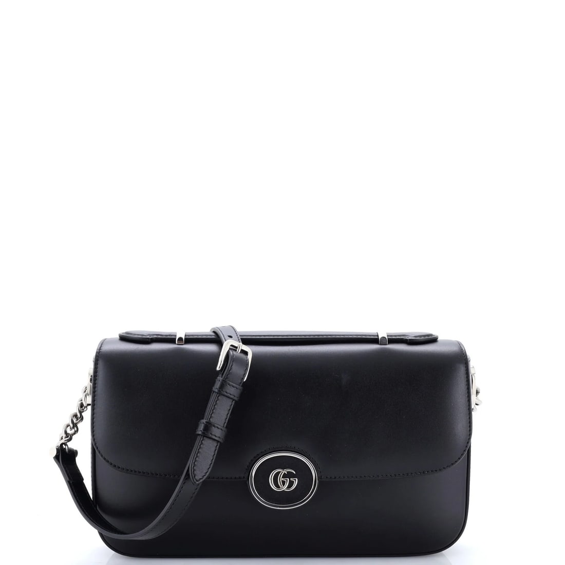Small GG Flap Leather Bag Petite Gucci: Small GG Flap Leather Bag Petite Gucci Small GG Flap Leather Bag Petite Gucci in Black features a classic cross body design with a signature Gucci logo. Measuring just 4" tall and 10.5" wide, this