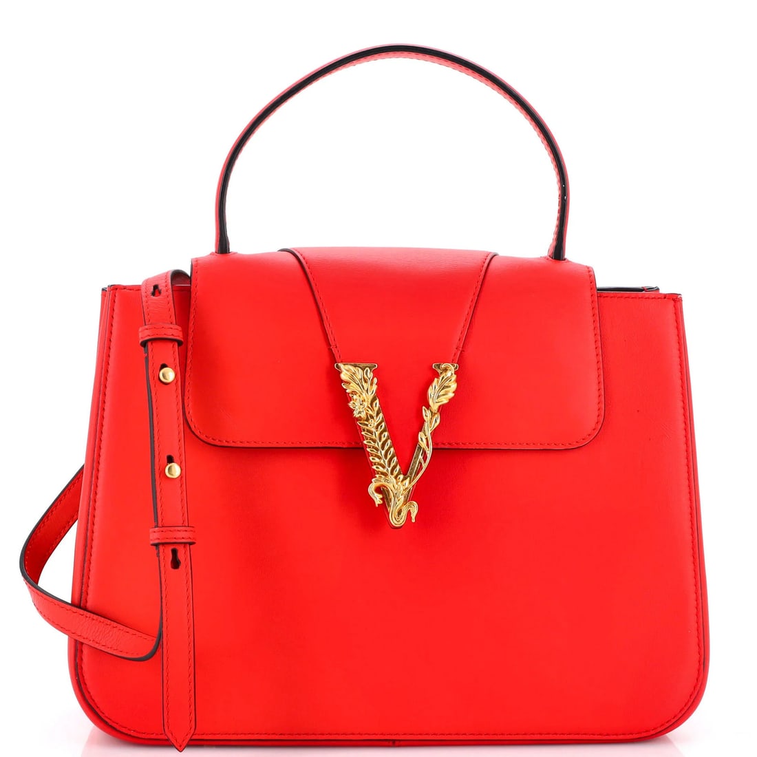 Virtus Leather Medium Versace Top Handle Bag: Virtus Leather Medium Versace Top Handle Bag The Virtus Leather Medium Versace Top Handle Bag boasts a striking red exterior with minor creases and scuffs, adding a touch of subtle wear to its luxurio