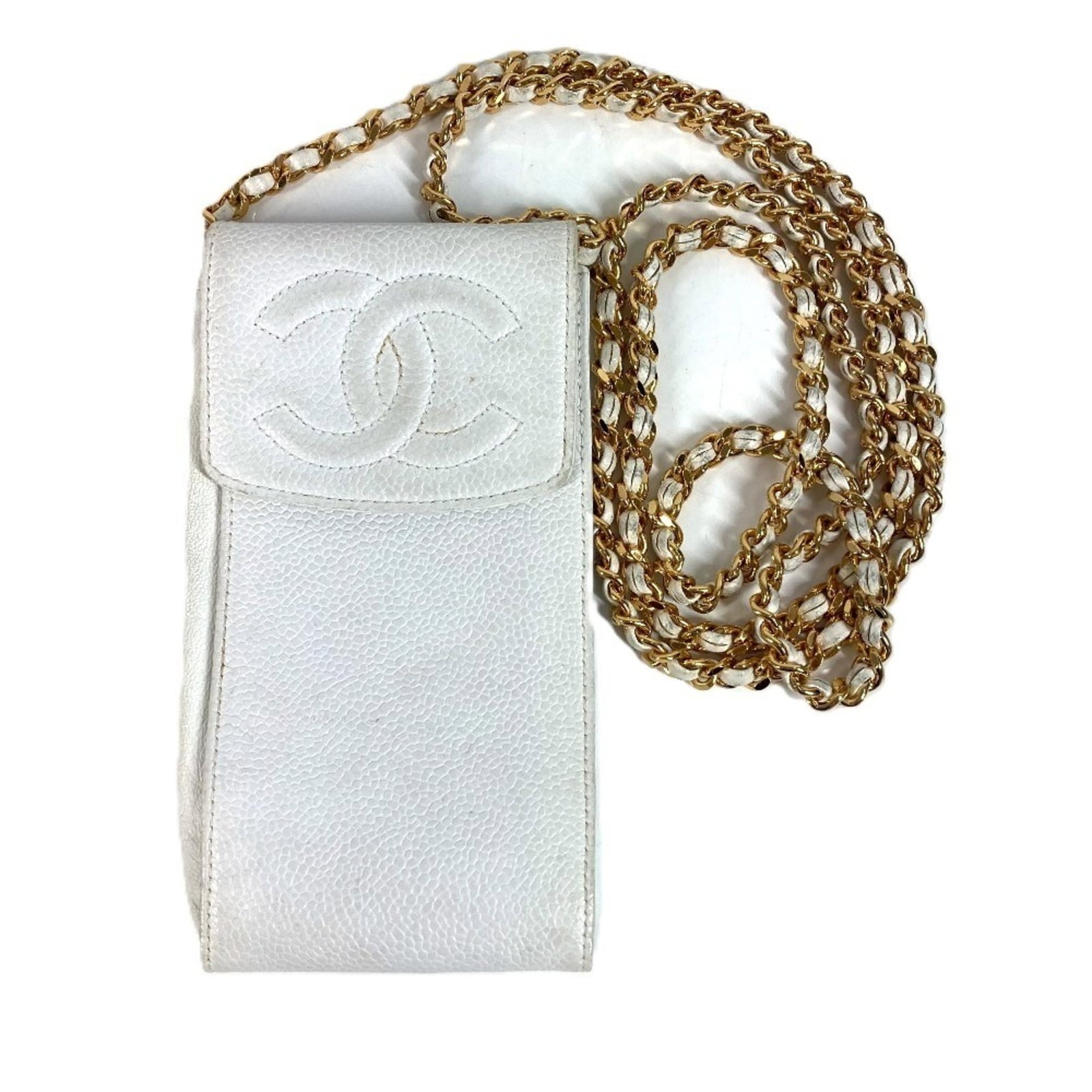 Calfskin Chanel Wallet Phone: Calfskin Chanel Wallet Phone Grained Calfskin Chanel Wallet Phone features a sleek design with a white finish, measuring 16cm x 8cm. The wallet's material and size make it an ideal accessory for