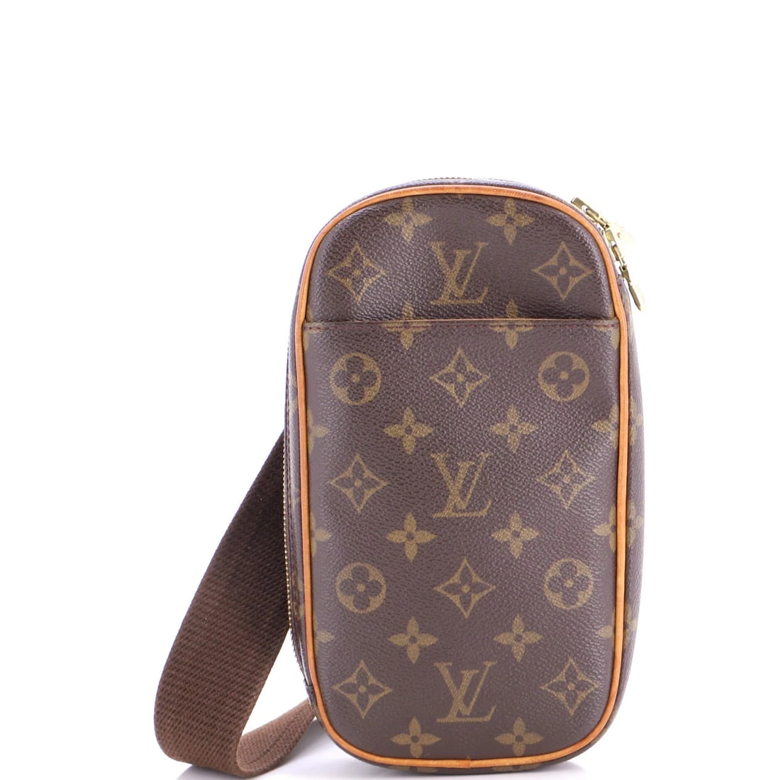 Vuitton Louis Pochette Monogram Canvas Gange: Vuitton Louis Pochette Monogram Canvas Gange Brown Louis Vuitton Pochette Gange Monogram Canvas Bag with Gold Hardware, featuring canvas coated exterior and fabric interior. The bag has edge wear,