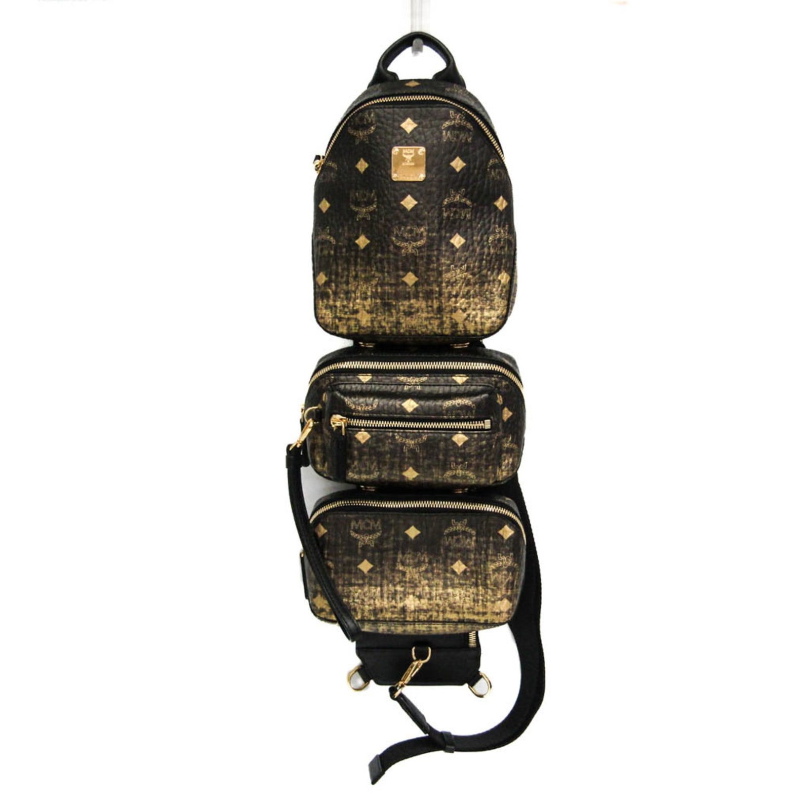 Coated Canvas Leather Sling Bag Shoulder Mcm: Coated Canvas Leather Sling Bag Shoulder Mcm Coated canvas and leather come together in sleek, modern design. This Visetos Triple Body Bag features a black and gold color scheme, with a zippered