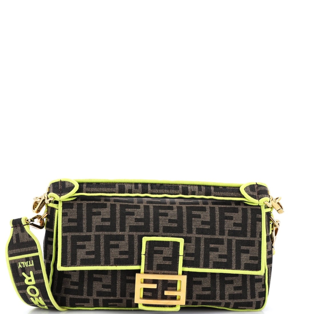 Fendi Baguette NM Bag Zucca Canvas Medium: Fendi Baguette NM Bag Zucca Canvas Medium The Fendi Baguette NM Bag Zucca Canvas Medium boasts a striking green canvas exterior, complemented by a rich brown interior. This shoulder bag features a med