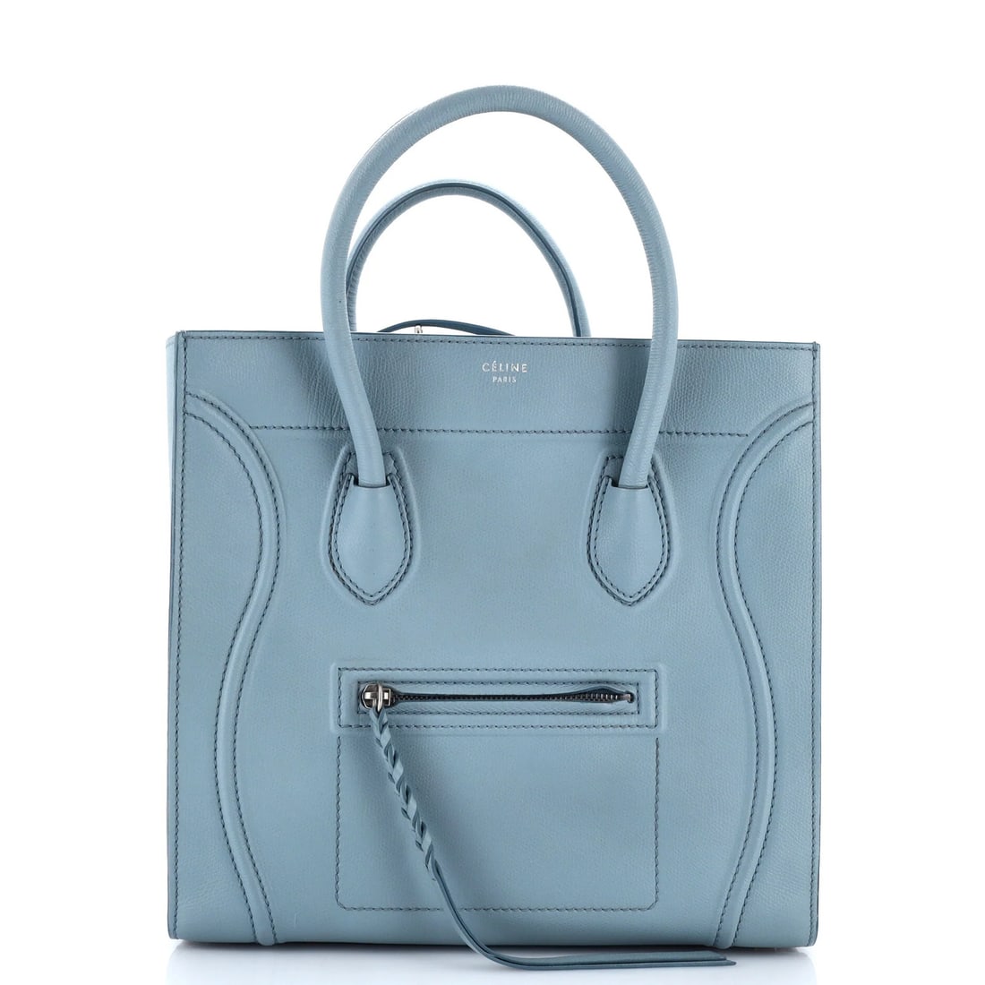 Celine Phantom Grainy Medium Leather Bag: Celine Phantom Grainy Medium Leather Bag The Celine Phantom Grainy Medium Leather Bag boasts a striking blue exterior with grainy leather finish, adding a unique texture to its sleek design.