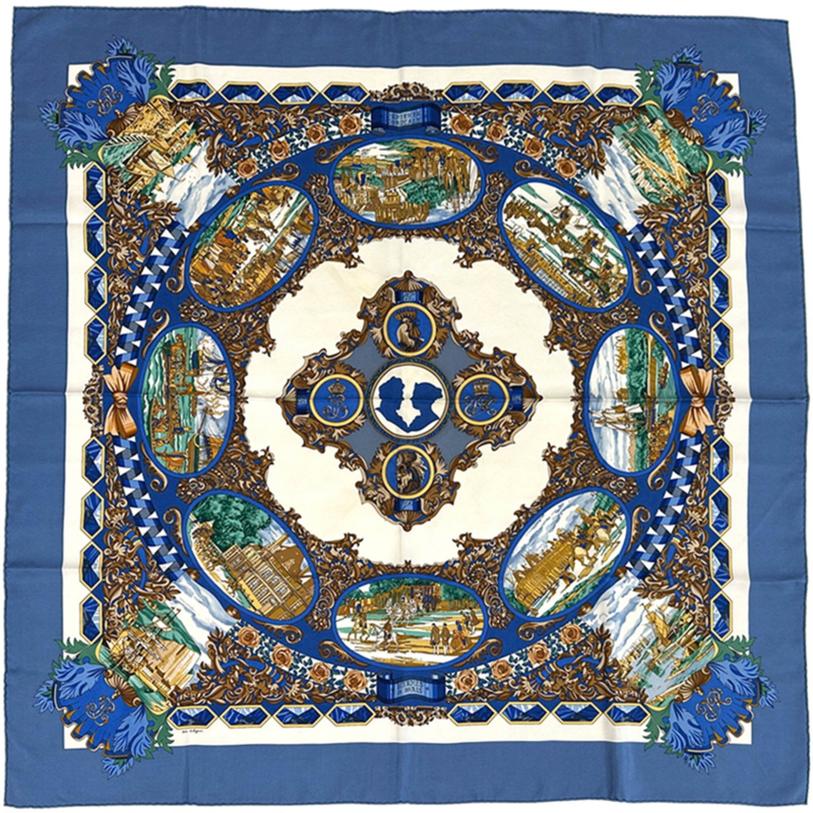 Hermes Silk Scarf: Hermes Silk Scarf Silk scarf from renowned French brand Hermes, featuring a striking blue and multi-color design. Made from high-quality silk, measuring 90cm x 90cm in size. A beautiful addition to