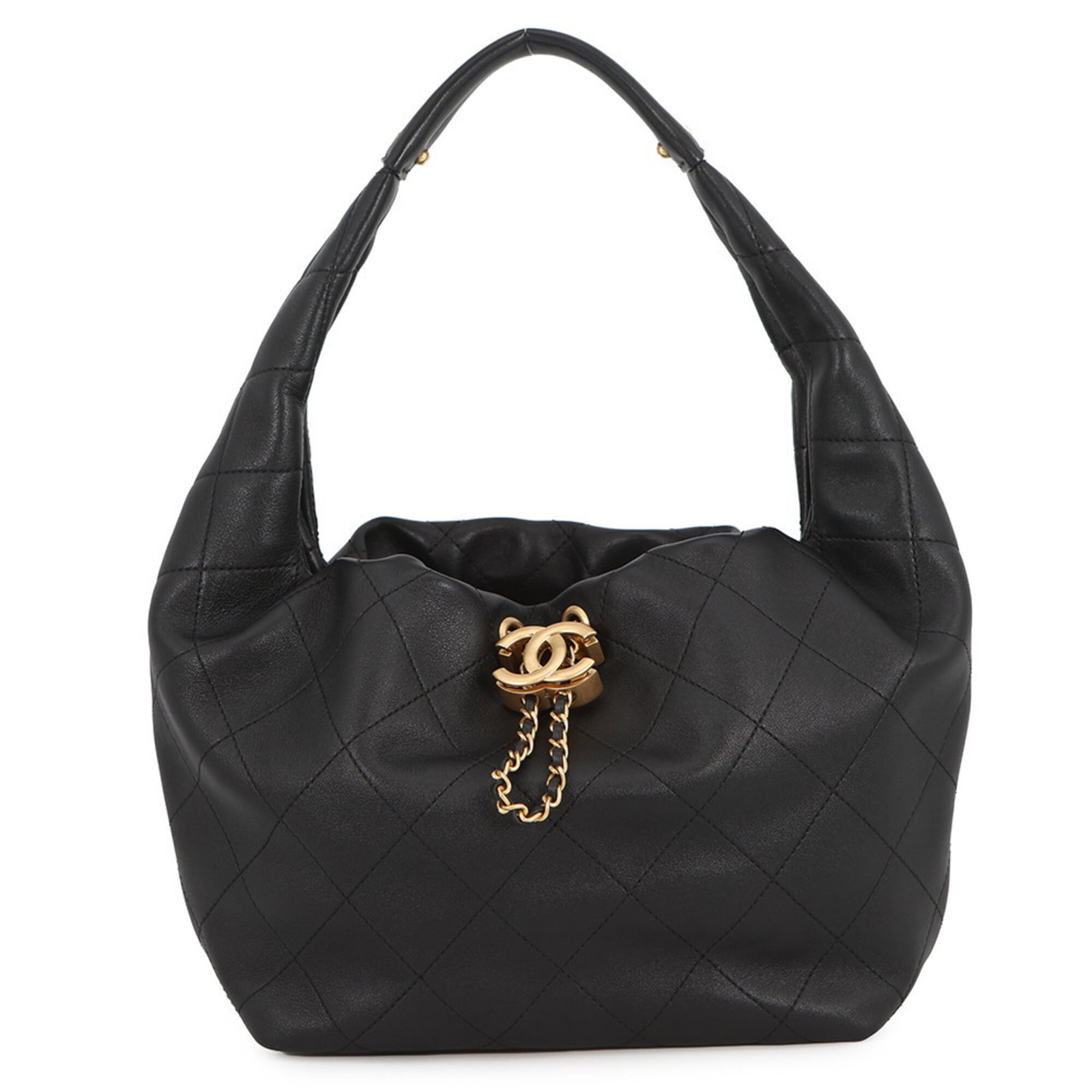 Leather Handbag Chanel: Leather Handbag Chanel This black leather handbag features calfskin material and gold hardware, showcasing classic Chanel design. Measuring 17cm x 20cm x 10.5cm, it weighs 360g and boasts a sleek, sop