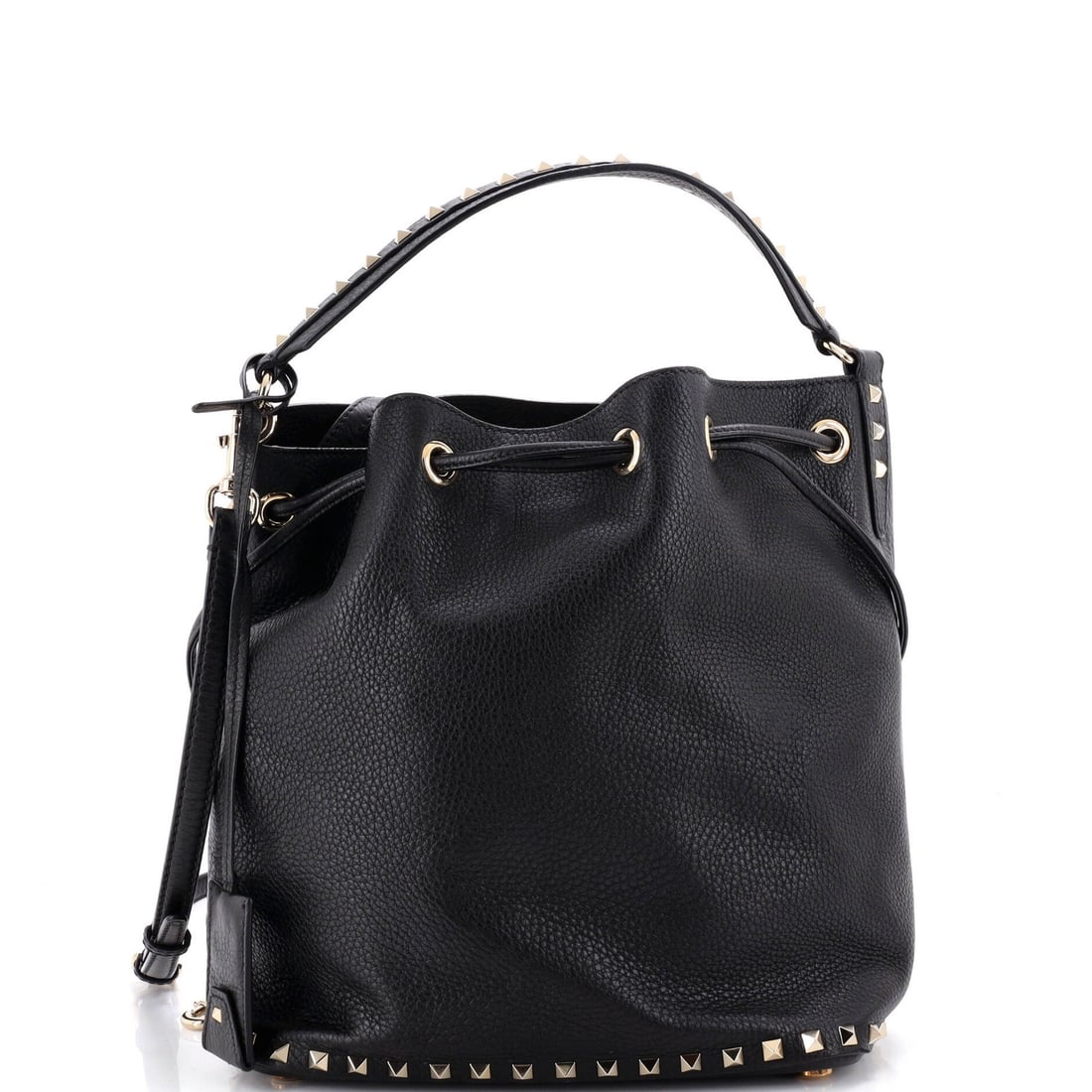 Garavani Valentino Rockstud Medium Leather Bucket Top Bag: Garavani Valentino Rockstud Medium Leather Bucket Top Bag Black leather bucket top bag with Rockstud design, featuring a medium size and gold tone hardware. The bag comes with a pochette attached to