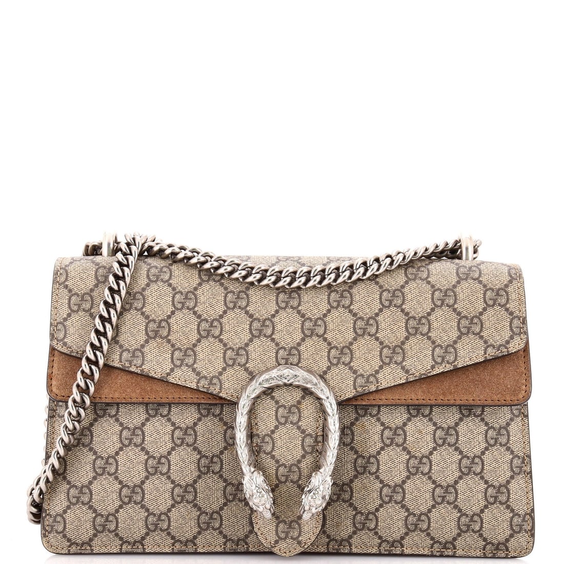 Gucci Dionysus Bag GG Coated Canvas Small: Gucci Dionysus Bag GG Coated Canvas Small The Gucci Dionysus Bag GG Coated Canvas Small boasts a rich, brown canvas exterior with subtle creases and minor scuffs, adding to its unique patina. The