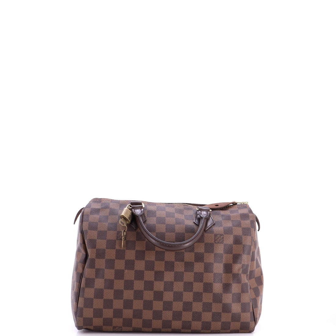 Vuitton Speedy Louis Handbag Damier: Vuitton Speedy Louis Handbag Damier Brown Louis Vuitton Speedy Louis Handbag Damier, featuring canvas coated exterior with scuffs and minor edge wear, measures 30" in height, width, and depth. The bag