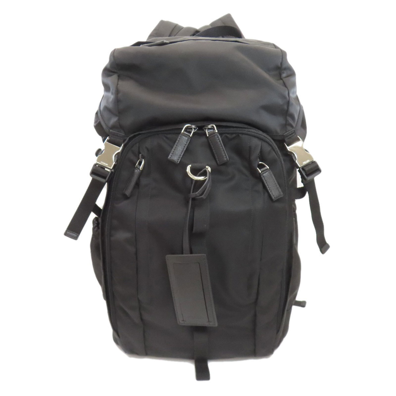 Backpack nylon by Prada: Backpack nylon by Prada Prada's backpack is crafted from high-quality nylon, offering a sleek and durable design. Measuring 43cm x 28cm x 19cm, it features a classic black color that exudes timeless s