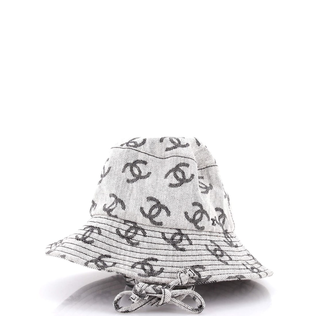 Chanel Denim Mood Bucket Hat Logo Printed Denim: Chanel Denim Mood Bucket Hat Logo Printed Denim Gray Chanel Denim Mood Bucket Hat Logo Printed Denim features a classic logo print design on a gray denim exterior, with black interior fabric. The