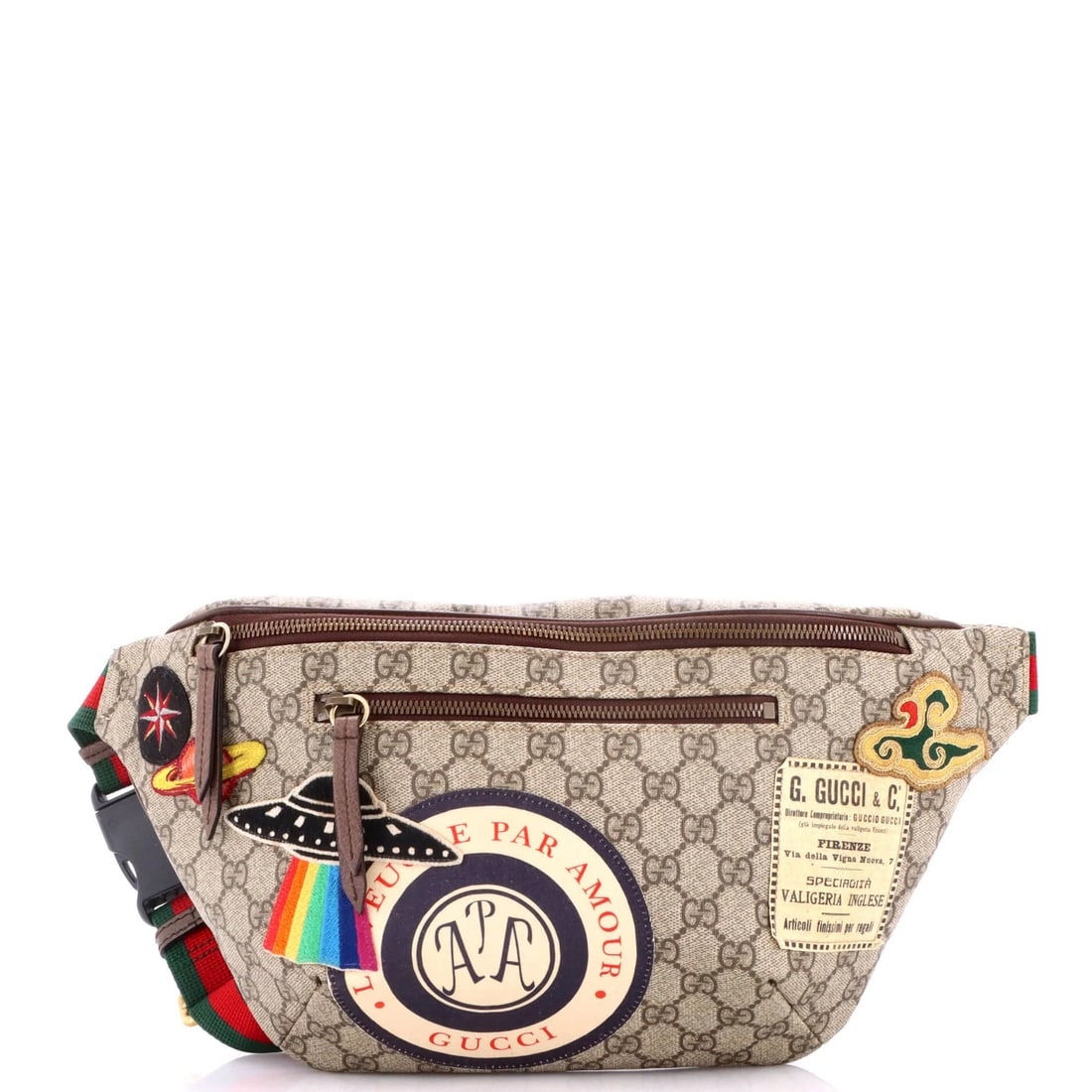Coated canvas bag with zip belt and applique GG: Coated canvas bag with zip belt and applique GG Brown Coated Canvas Bag with Zip Belt and Applique GG. This Gucci Courrier bag boasts a stylish design, featuring a coated canvas exterior in brown and