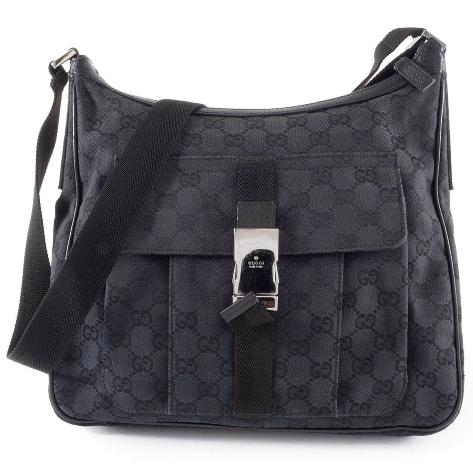 Shoulder Bag Canvas Leather Gucci: Shoulder Bag Canvas Leather Gucci GG canvas and leather combine in this sleek black shoulder bag from Gucci, measuring 28cm x 29cm x 7.5cm. The classic design features a timeless combination of