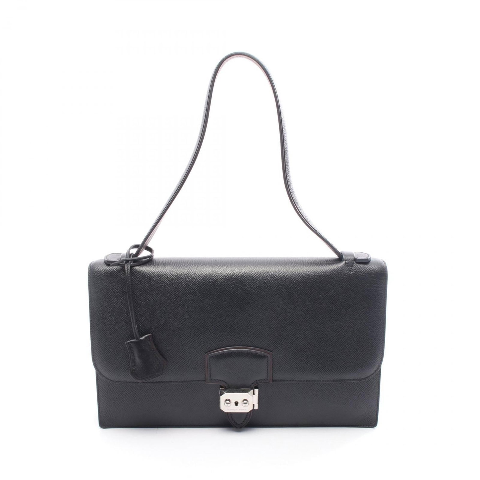 Hermes Shoulder Bag Epsom Leather: Hermes Shoulder Bag Epsom Leather Epsom leather craftsmanship shines in this sleek black Hermes shoulder bag, featuring a timeless design and premium materials. The bag's compact size and elegant