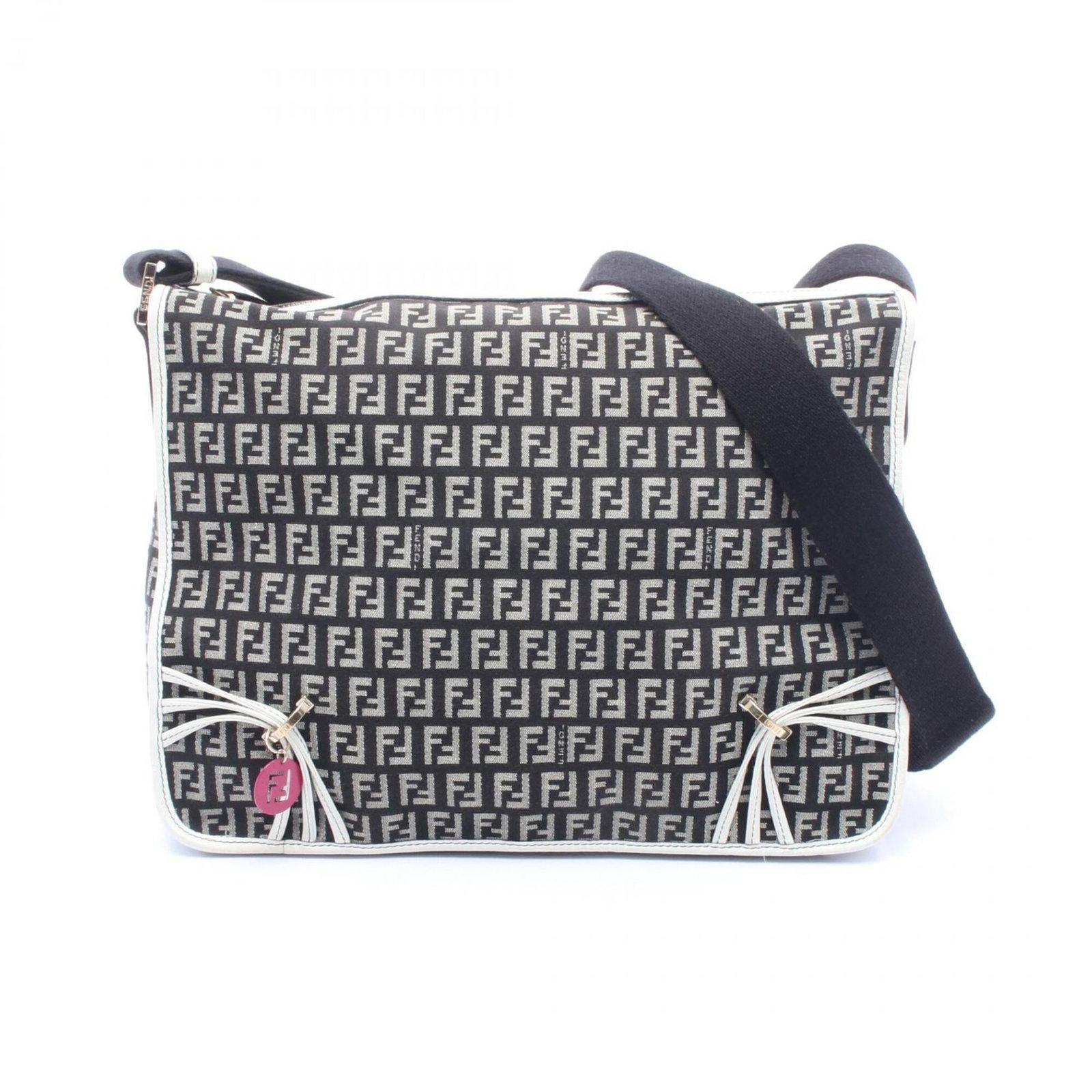 Canvas leather shoulder bag by Fendi: Canvas leather shoulder bag by Fendi Canvas leather shoulder bag by Fendi, featuring a black, gray, and white color palette. This stylish handbag boasts a canvas and leather construction, measuring