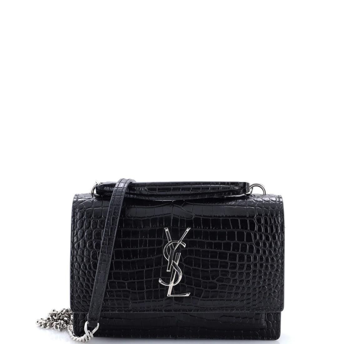 Crocodile leather embossed top chain wallet Saint Laurent: Crocodile leather embossed top chain wallet Saint Laurent Black Crocodile Embossed Leather Top Chain Wallet from Saint Laurent, featuring a classic cross body design with a sophisticated touch. The