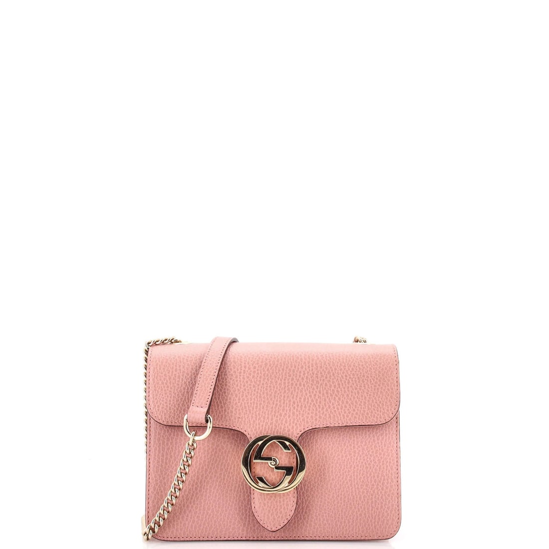 Small leather bag interlocking shoulder Gucci: Small leather bag interlocking shoulder Gucci Small Gucci Interlocking Shoulder Bag in Pink Leather. This small leather bag features an interlocking shoulder design, with a pink exterior and neutral i