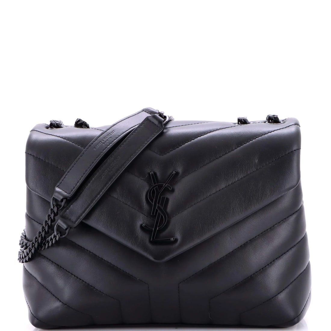 Matelasse Leather Chevron Bag Shoulder Small Saint Laurent Loulou: Matelasse Leather Chevron Bag Shoulder Small Saint Laurent Loulou Small Saint Laurent Loulou Matelasse Leather Chevron Bag in black leather with minor scuffs and creases, featuring a classic shoulder