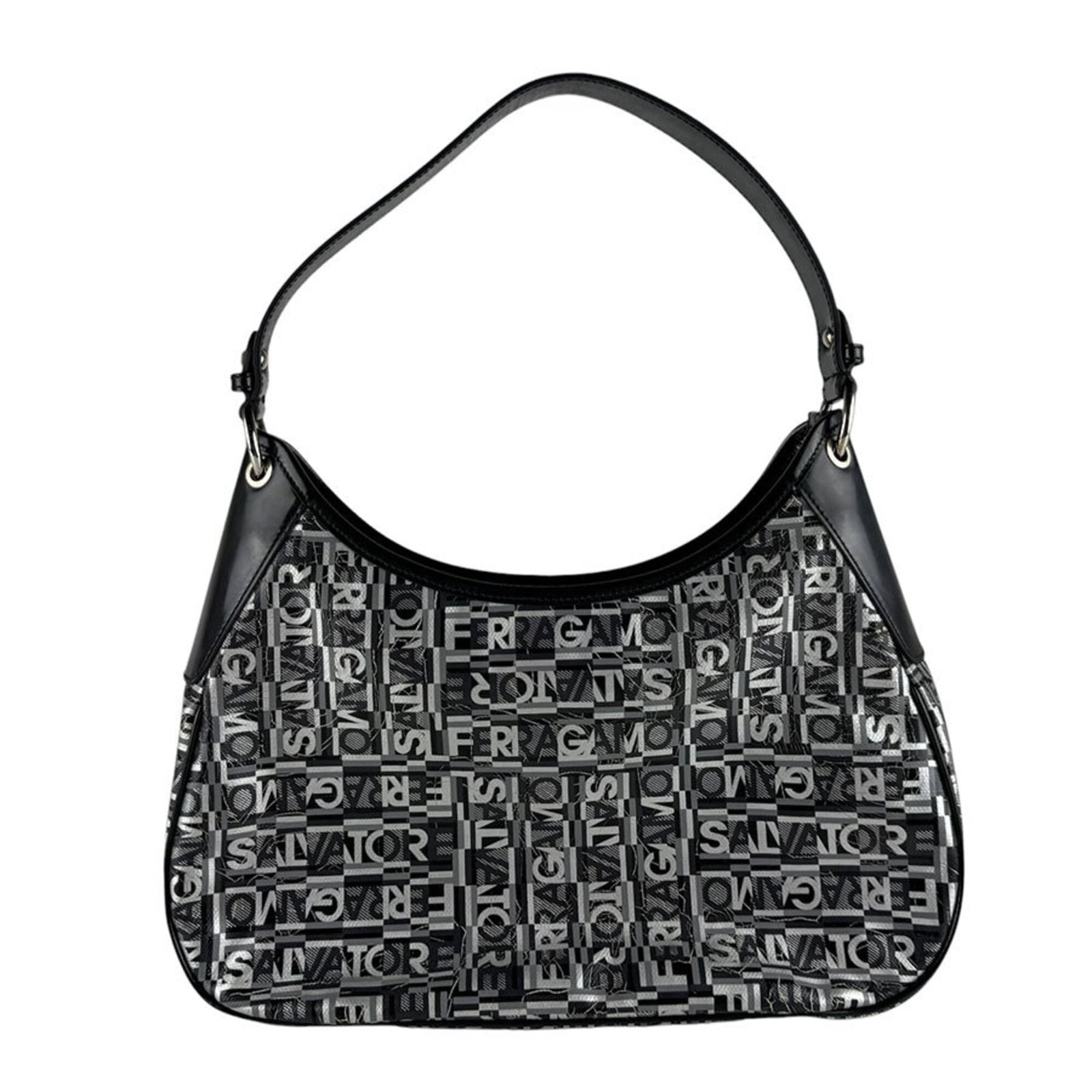 Salvatore Ferragamo Shoulder Bag Coated Canvas Leather: Salvatore Ferragamo Shoulder Bag Coated Canvas Leather Coated canvas and leather come together in sleek black design, defining the Salvatore Ferragamo shoulder bag. Measuring 18cm x 31cm x 10cm, its c