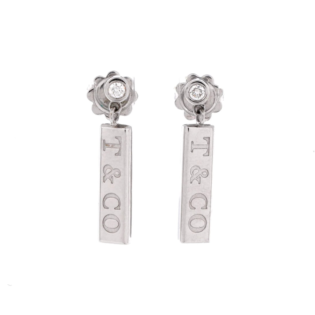 Tiffany & Co. Bar Drop Earrings 18K White Gold with Diamond: Tiffany & Co. Bar Drop Earrings 18K White Gold with Diamond Tiffany & Co.'s Bar Drop Earrings are a timeless design, featuring an 18K white gold setting and a diamond main stone. The earrings boast a