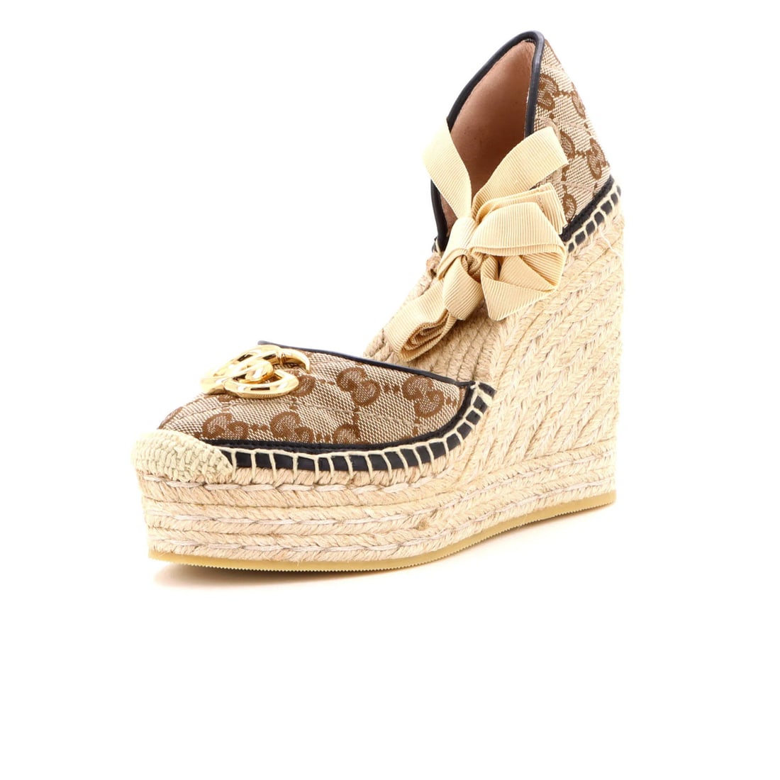 Gucci Women's GG Canvas Espadrilles Wedge Quilted Marmont Diagonal: Gucci Women's GG Canvas Espadrilles Wedge Quilted Marmont Diagonal Canvas Plain, Fabric, Leather Exterior Brown Quilted GG Marmont Diagonal Espadrilles with Jute and Leather Interior, Gold Hardware. E