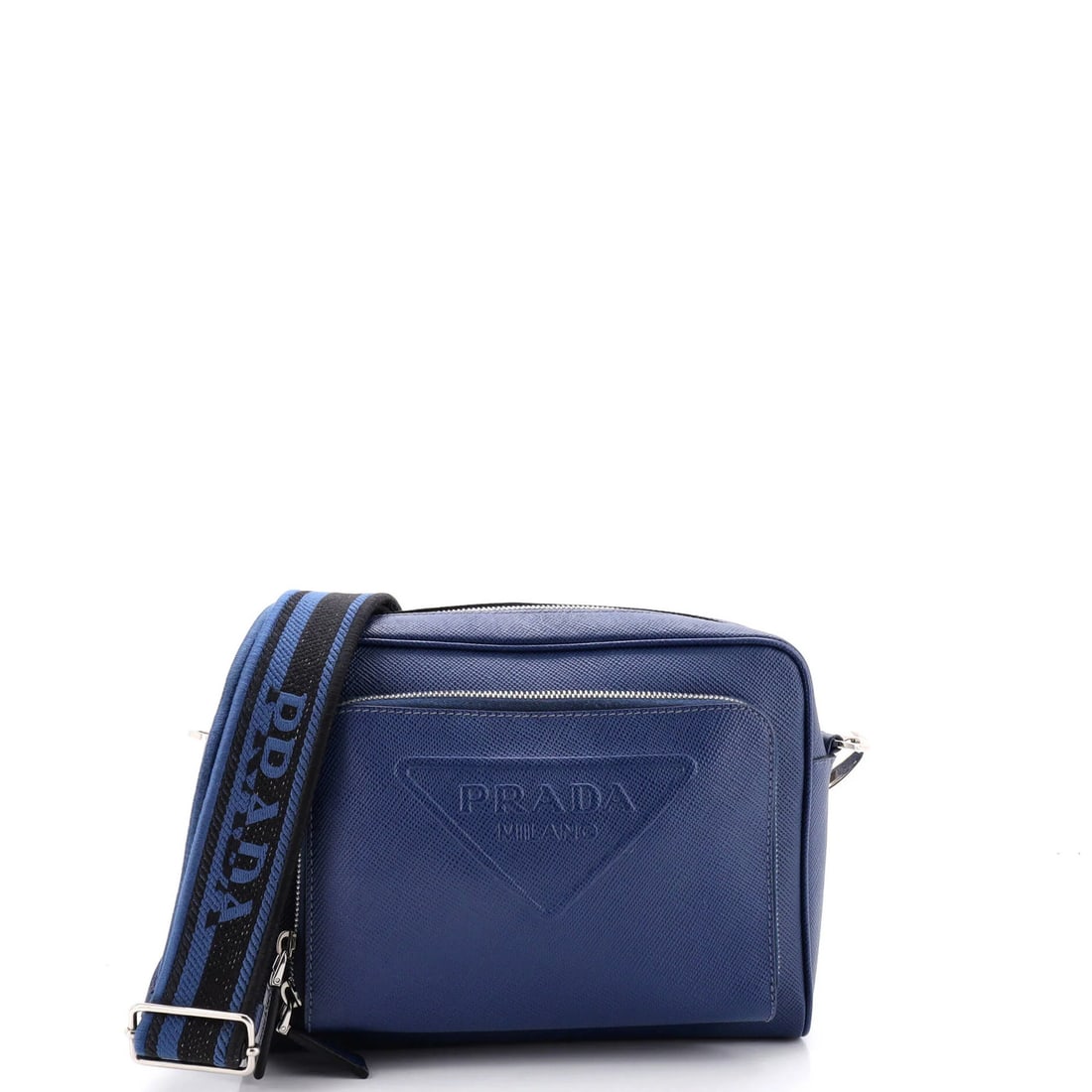 Prada small messenger bag saffiano leather triangle logo embossed: Prada small messenger bag saffiano leather triangle logo embossed Small Saffiano Leather Triangle Logo Messenger Bag in Blue. This Prada small messenger bag features saffiano leather exterior with tri