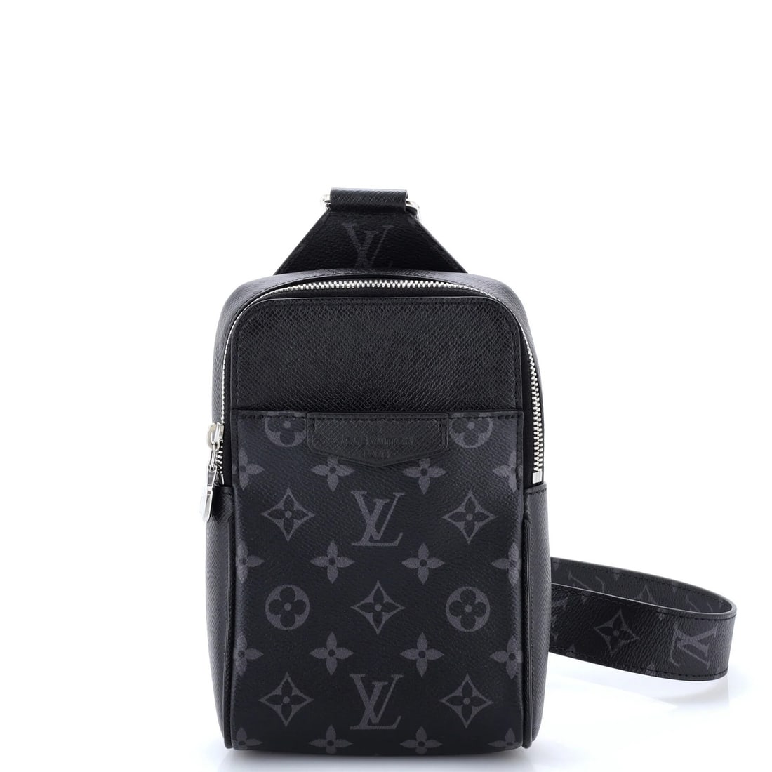 Louis Vuitton slingbag monogram outdoor: Louis Vuitton slingbag monogram outdoor Black Louis Vuitton slingbag monogram outdoor backpack with canvas coated leather exterior and silver hardware, featuring minor creases and scuffs. The bag