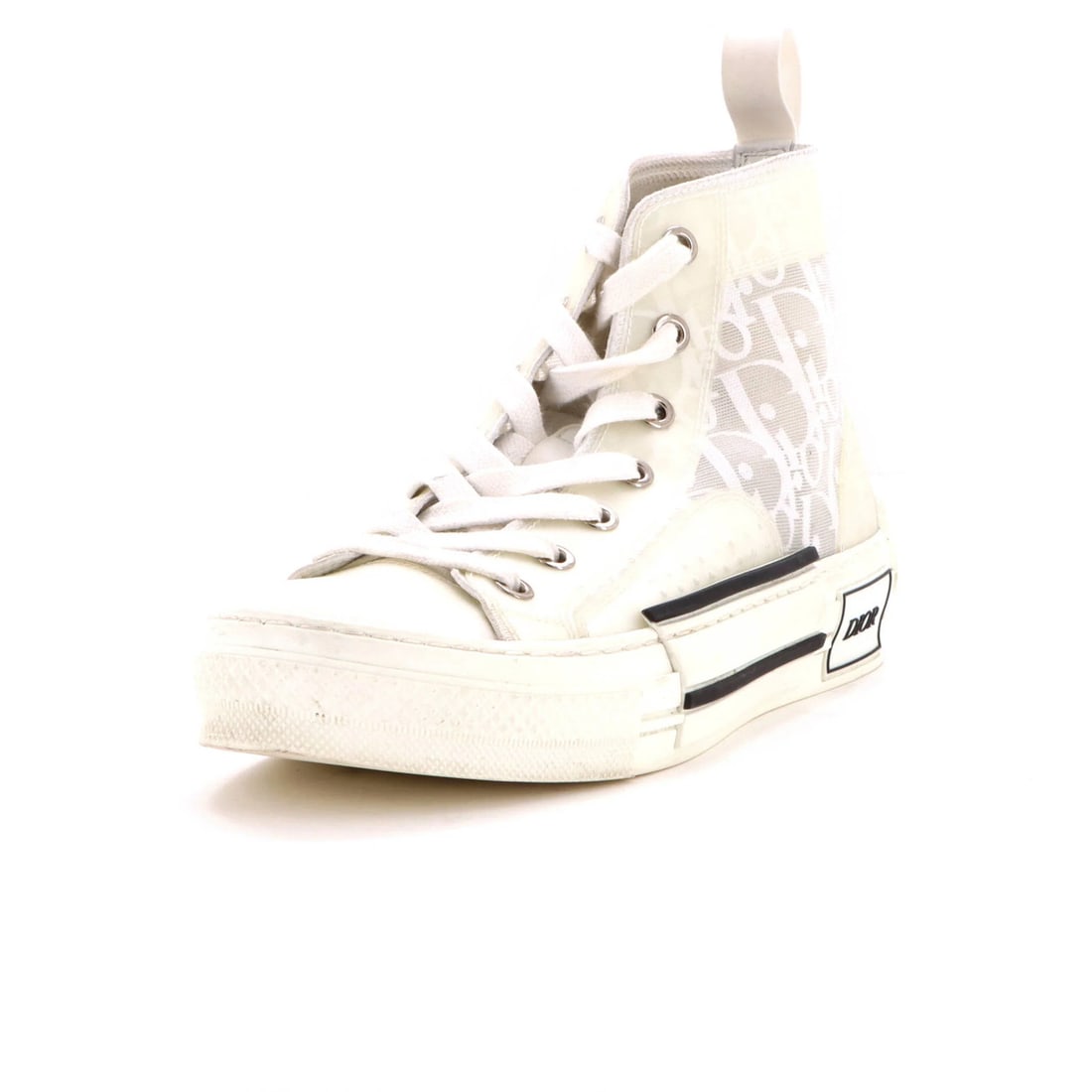 Christian Dior Women's B23 Sneakers High Top Oblique Canvas Coated PVC: Christian Dior Women's B23 Sneakers High Top Oblique Canvas Coated PVC White Christian Dior Women's B23 Sneakers with Oblique Canvas and PVC Exterior, featuring a classic high-top design. The shoes bo