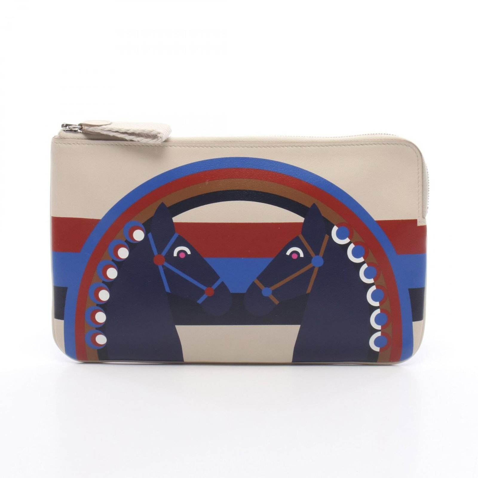 Swift leather handbag pouch by Hermes: Swift leather handbag pouch by Hermes Swift leather handbag pouch by Hermes in beige and multi-color. This sleek, compact pouch features swift leather material and measures 13cm x 21.5cm / 5.11'' x 8.