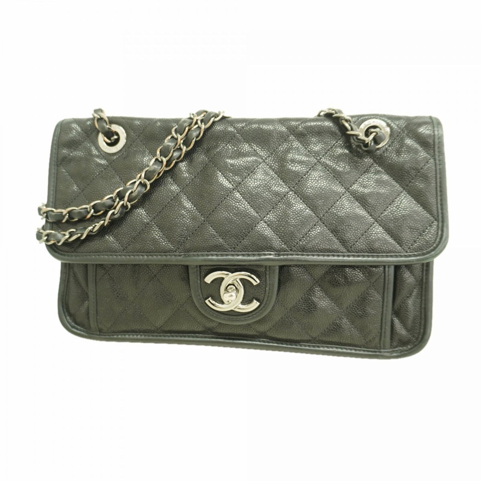 Calfskin Grained Chanel Bag: Calfskin Grained Chanel Bag Calfskin Grained Chanel Bag in Black. This shoulder bag features grained calfskin material, silver hardware, and a sleek black finish. With its classic design and timeless