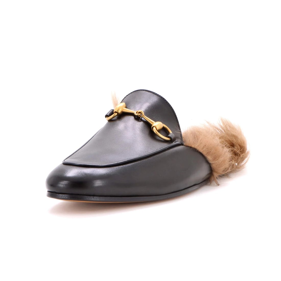 Men's leather mules with fur and Gucci PrinceTown: Men's leather mules with fur and Gucci PrinceTown Men's leather mules with fur and Gucci PrinceTown, featuring black leather upper, brown interior with fur trim, and aged gold hardware. Minor creases