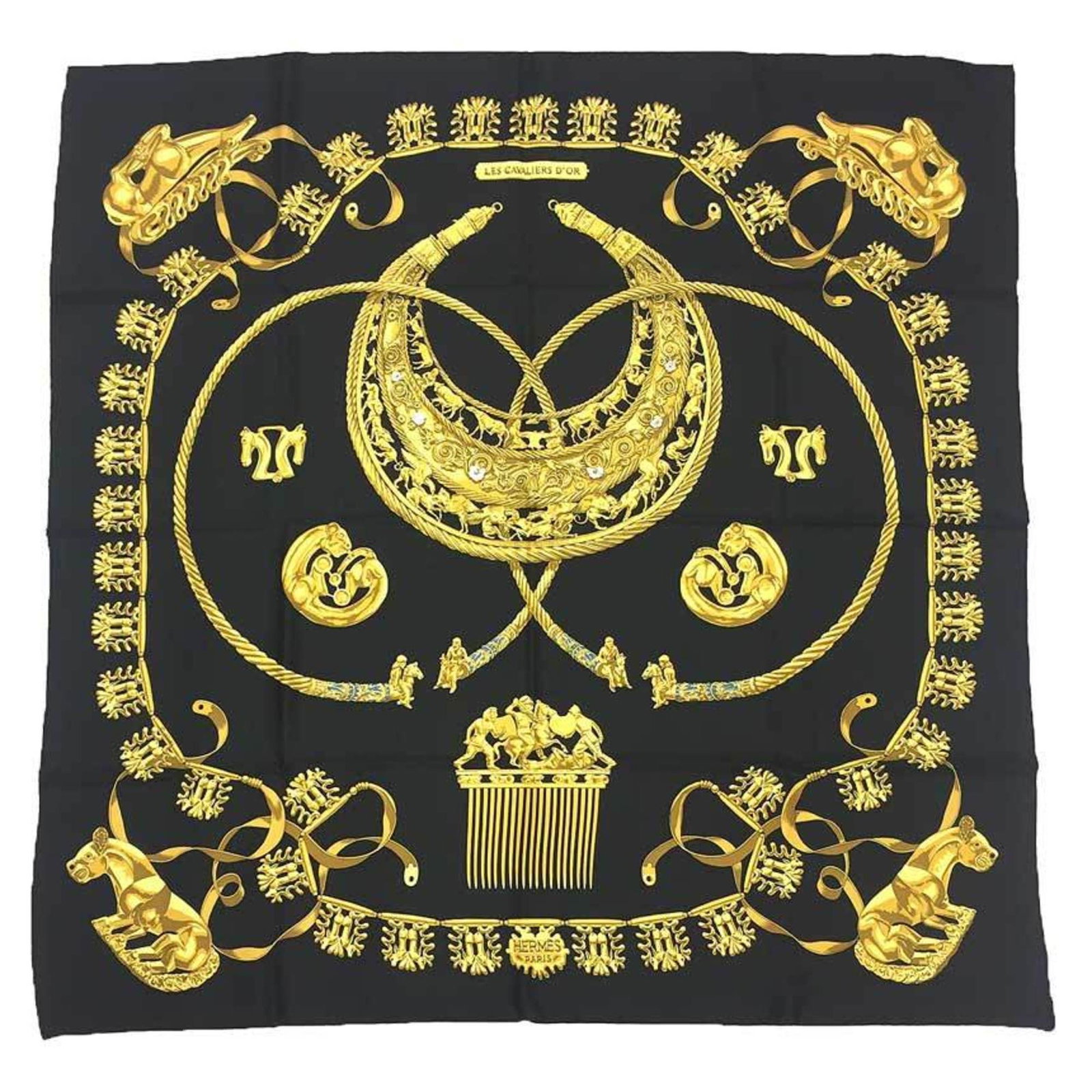 Hermes Silk Scarf: Hermes Silk Scarf Silk from France, this black scarf measures 90cm x 90cm and comes in a box. Brought to you by the renowned brand Hermes, its material is made of high-quality silk. Item Specifics: Br