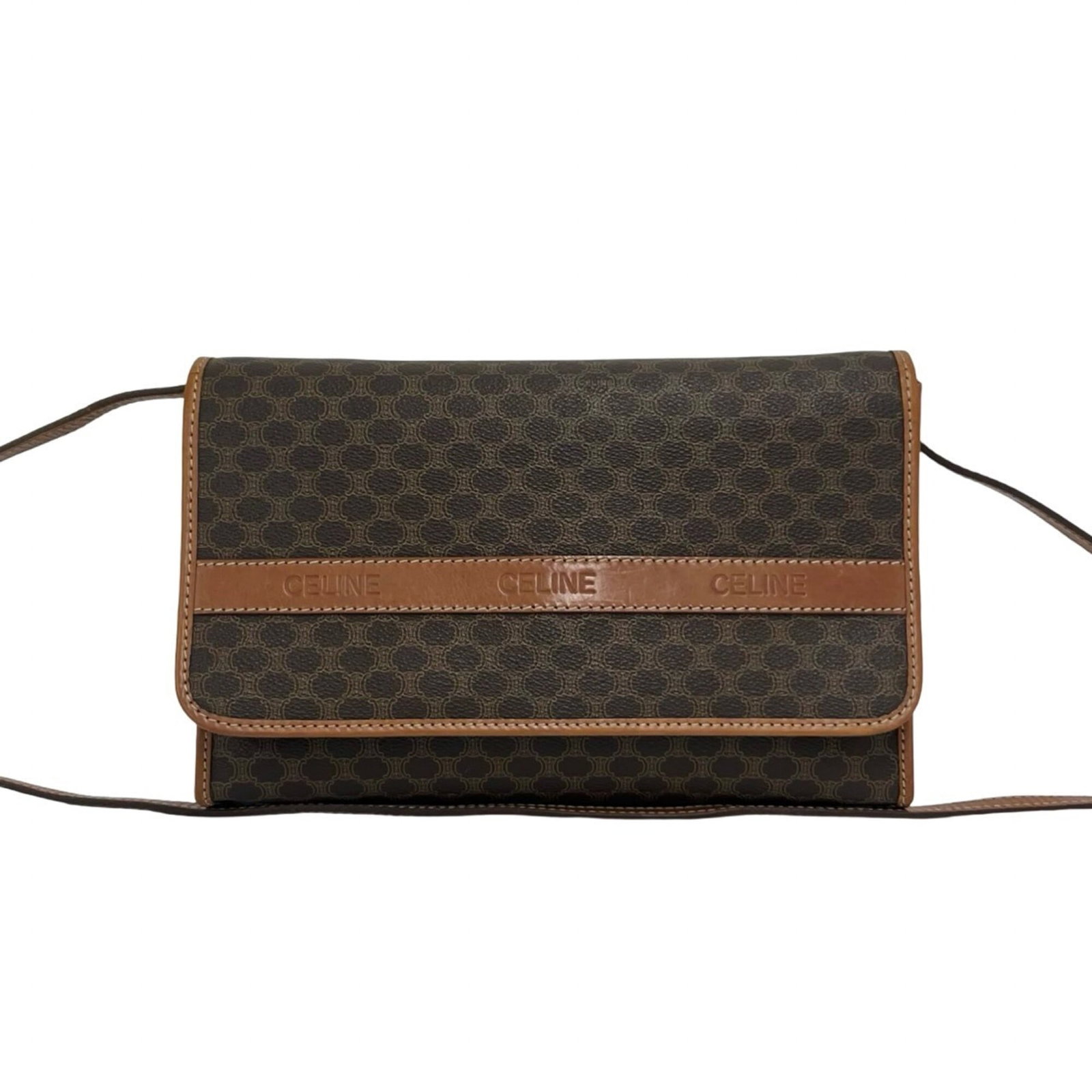 Pochette shoulder bag leather celine pvc: Pochette shoulder bag leather celine pvc This Celine Pochette shoulder bag features a combination of leather and PVC materials, with a distinctive brown color. Measuring 18cm x 28cm x 5cm, it has a