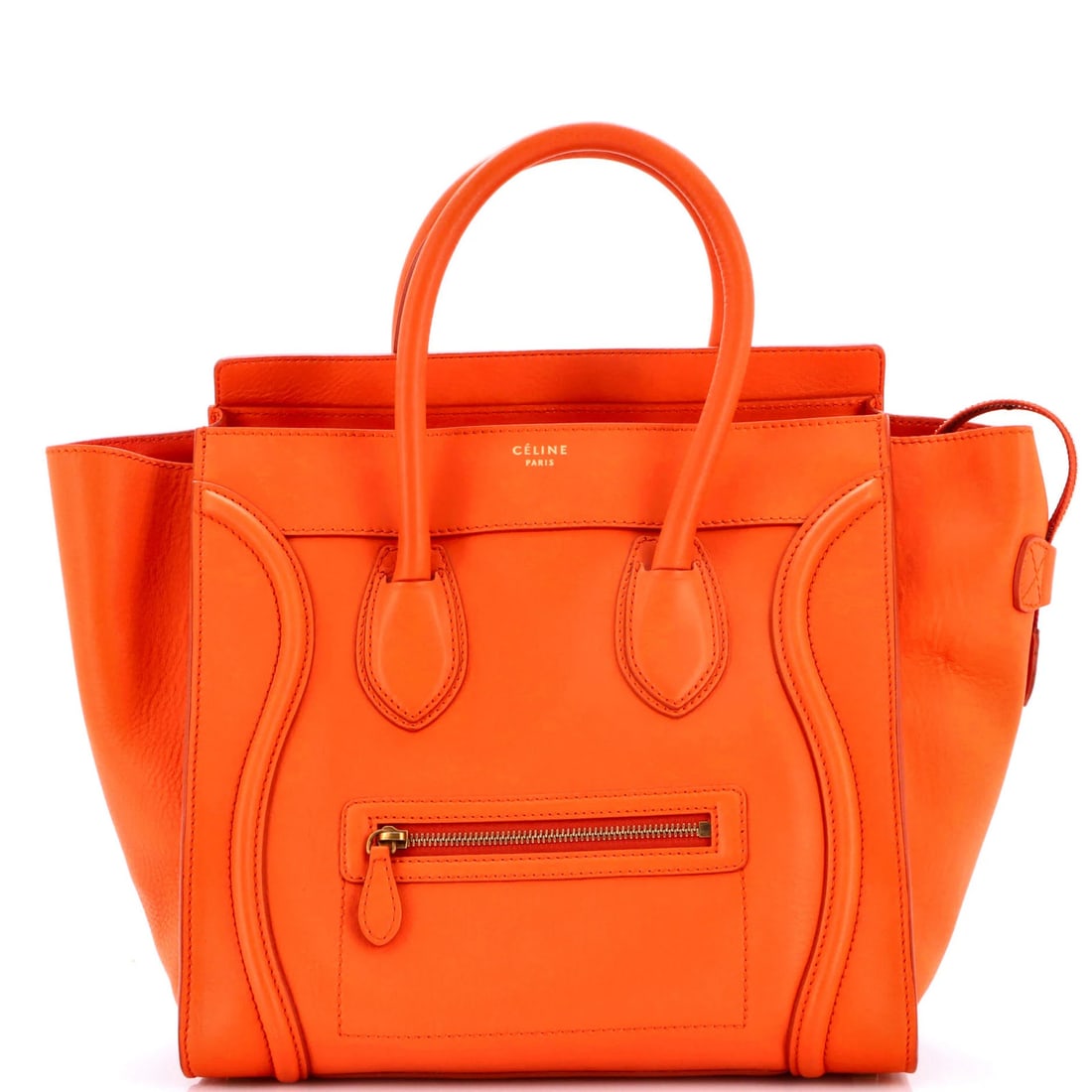 Smooth Leather Celine Mini Bag: Smooth Leather Celine Mini Bag Orange Celine Mini Bag with Smooth Leather Exterior, featuring heavy edge wear and minor scuffs. The bag's interior and hardware are also made from smooth leather in