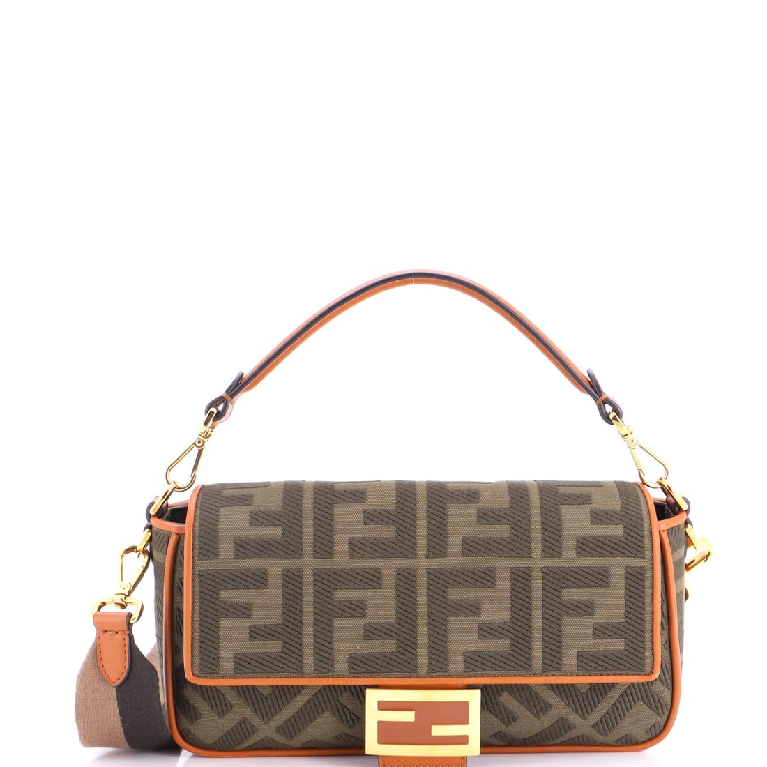 Baguette Canvas Zucca Embroidered Medium Fendi Bag NM: Baguette Canvas Zucca Embroidered Medium Fendi Bag NM Canvas bag with green exterior and interior, featuring Zucca embroidered design. The Fendi Baguette Medium measures 6" high, 10" wide, and 2.5"