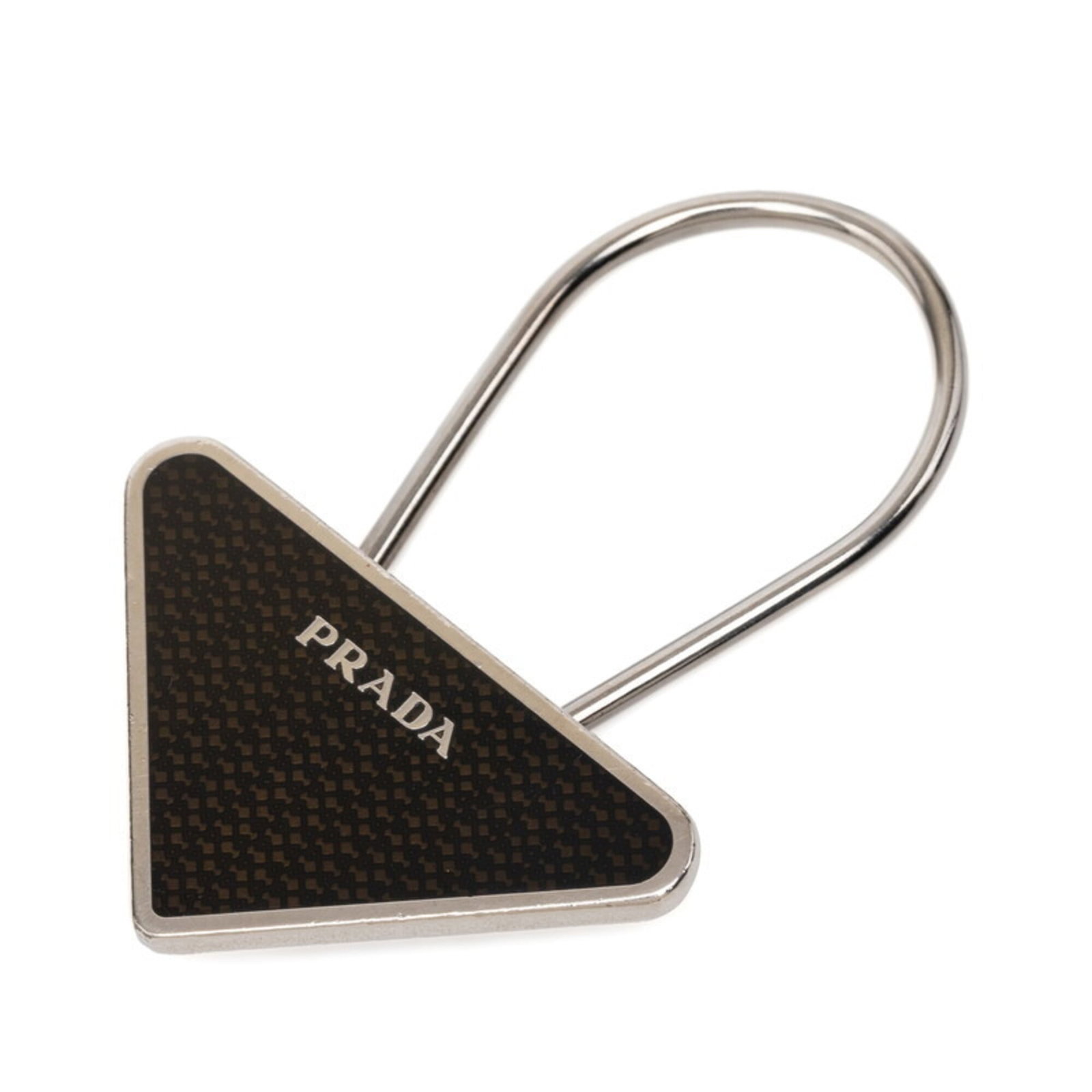 Keyring Metal by Prada: Keyring Metal by Prada The Prada Keyring Metal features a sleek and sophisticated design, showcasing the brand's signature brown color and metallic accents. Made from high-quality metal, its compact