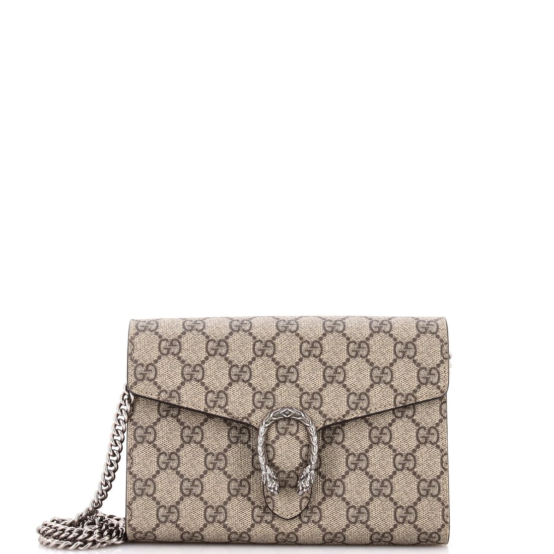 Small chain wallet coated canvas GG Gucci Dionysus: Small chain wallet coated canvas GG Gucci Dionysus Small chain wallet coated canvas GG Gucci Dionysus features a brown canvas exterior with silver hardware, paired with a fabric interior. The cross bo